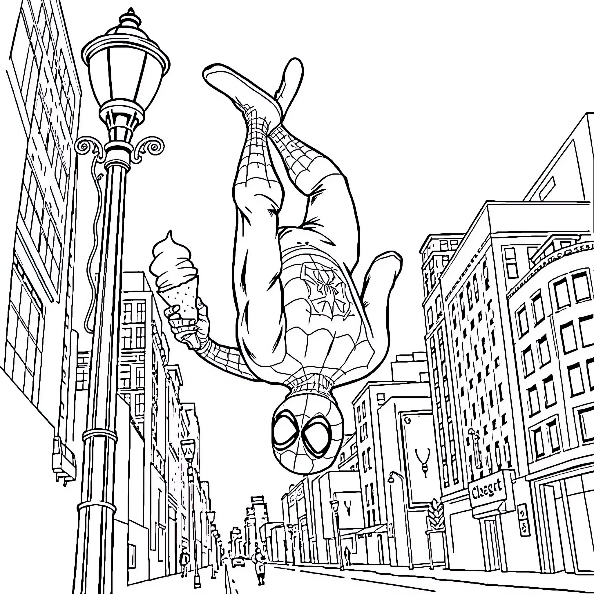 Spiderman swinging through the city Coloring Page (free black-and-white line drawing printable PDF for all, from beginners to advanced learners, including children, teens, adults, and seniors)