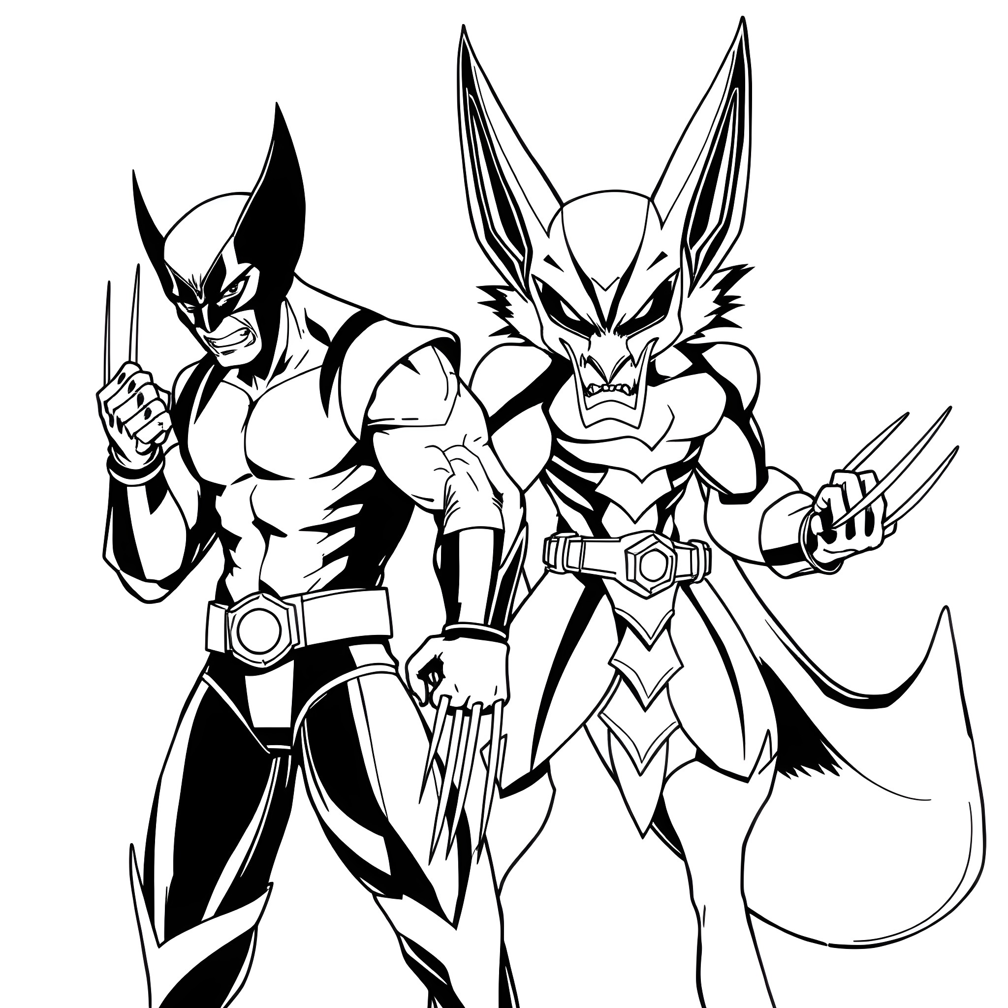Wolverine battling a fierce foe in an intense standoff Coloring Page (free black-and-white line drawing printable PDF for all, from beginners to advanced learners, including children, teens, adults, and seniors)