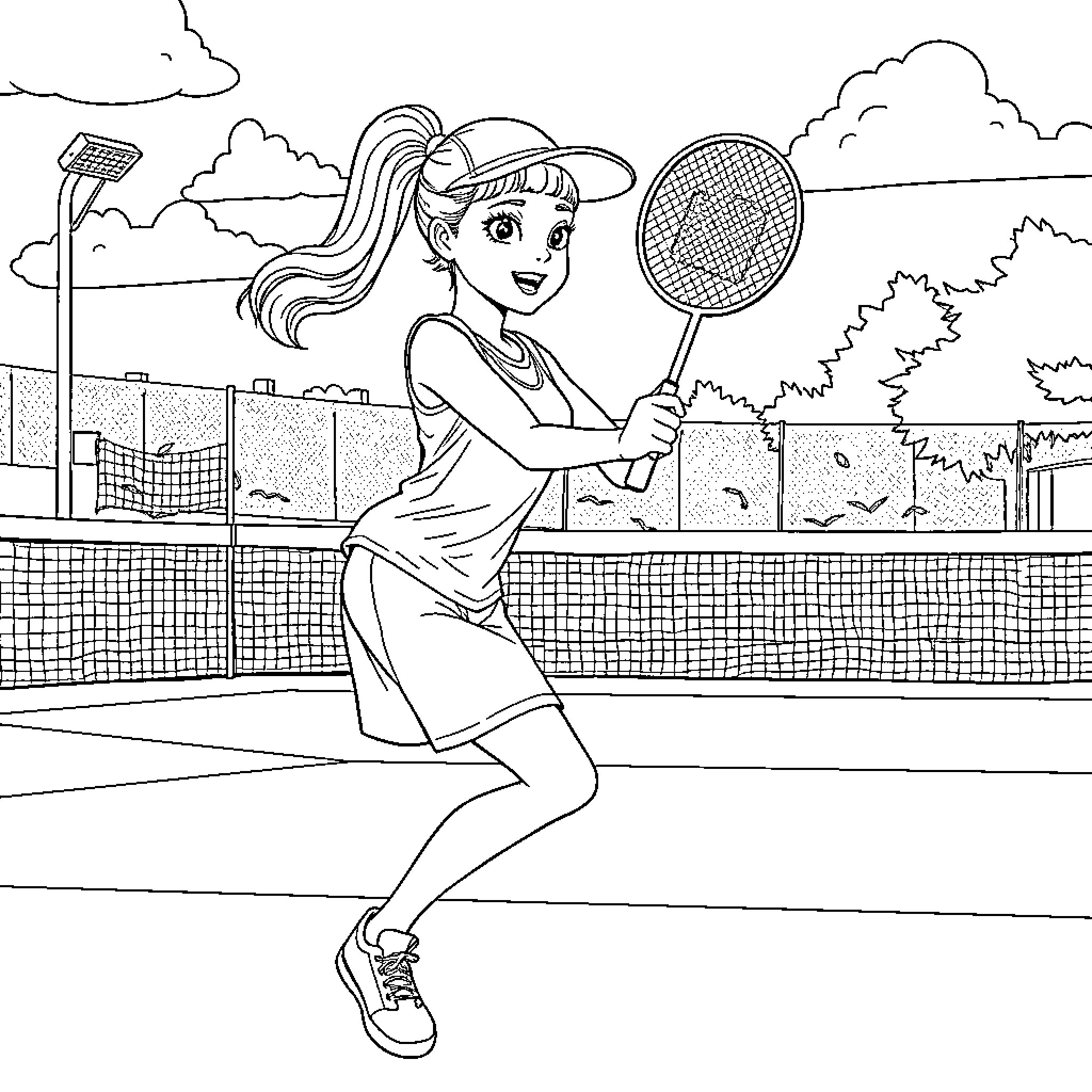 Girl playing tennis on the court Coloring Page (free black-and-white line drawing printable PDF for all, from beginners to advanced learners, including children, teens, adults, and seniors)