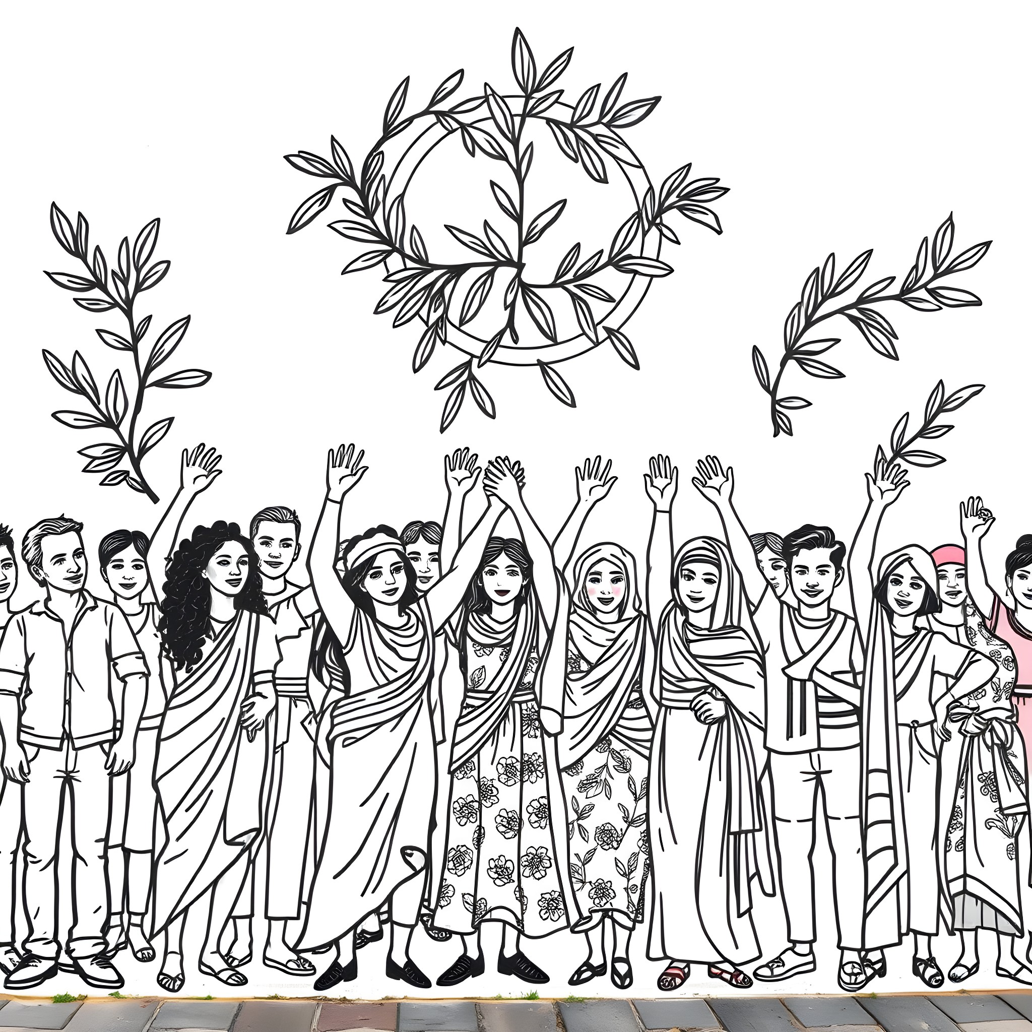 Palestine: Diverse community celebrating unity and solidarity Coloring Page (free black-and-white line drawing printable PDF for all, from beginners to advanced learners, including children, teens, adults, and seniors)