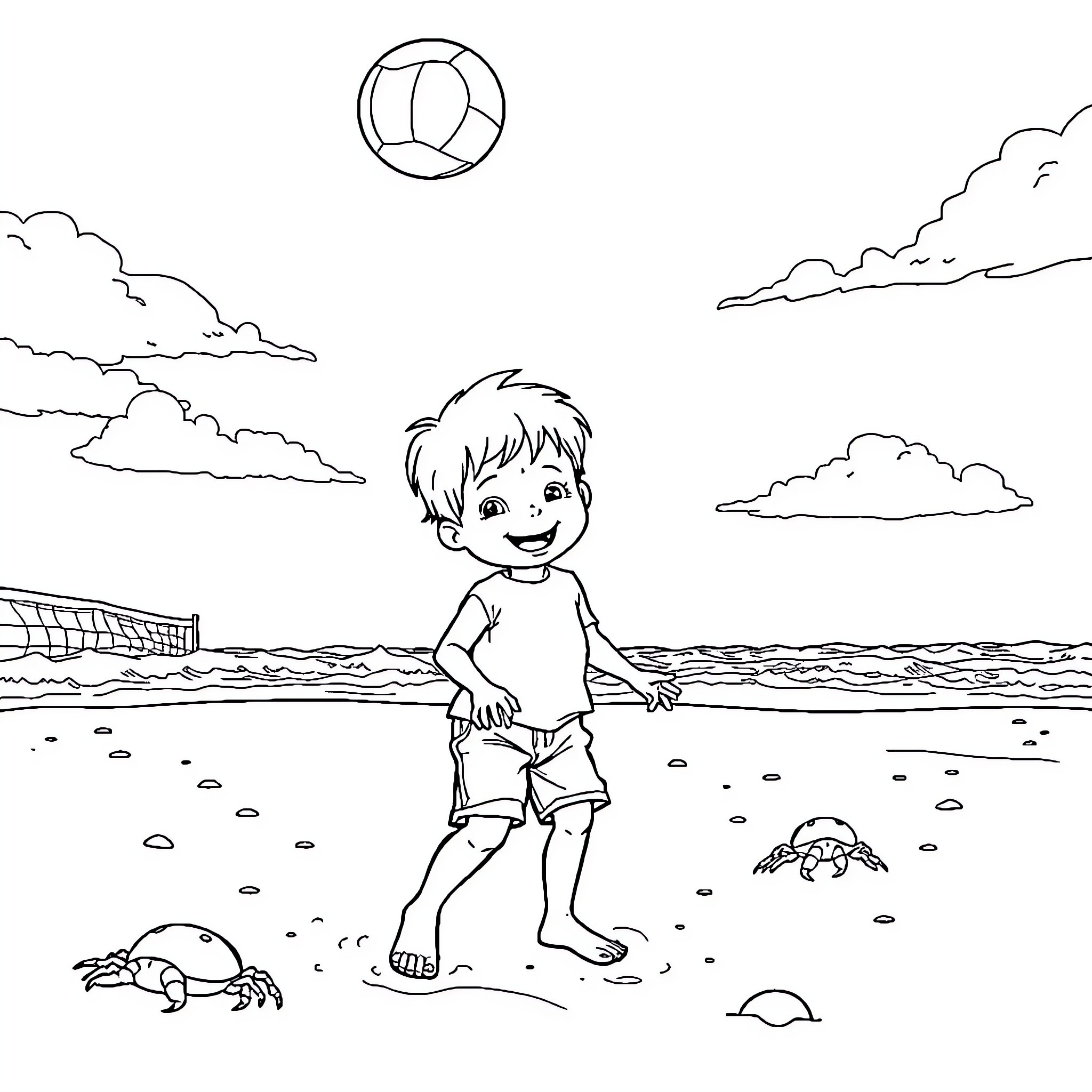 Enfant playing with ball on the beach Coloring Page (free black-and-white line drawing printable PDF for all, from beginners to advanced learners, including children, teens, adults, and seniors)