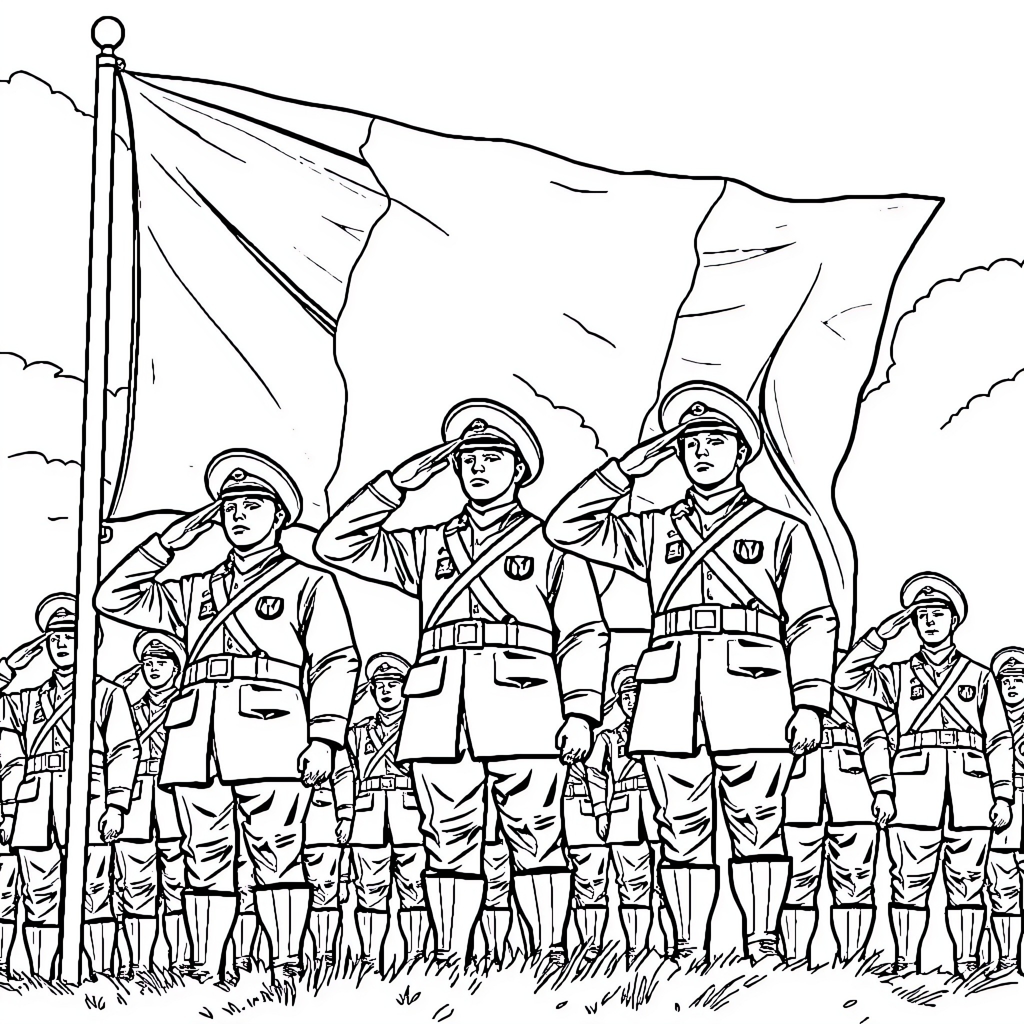Soldier soldiers saluting with flags in the field Coloring Page (free black-and-white line drawing printable PDF for all, from beginners to advanced learners, including children, teens, adults, and seniors)