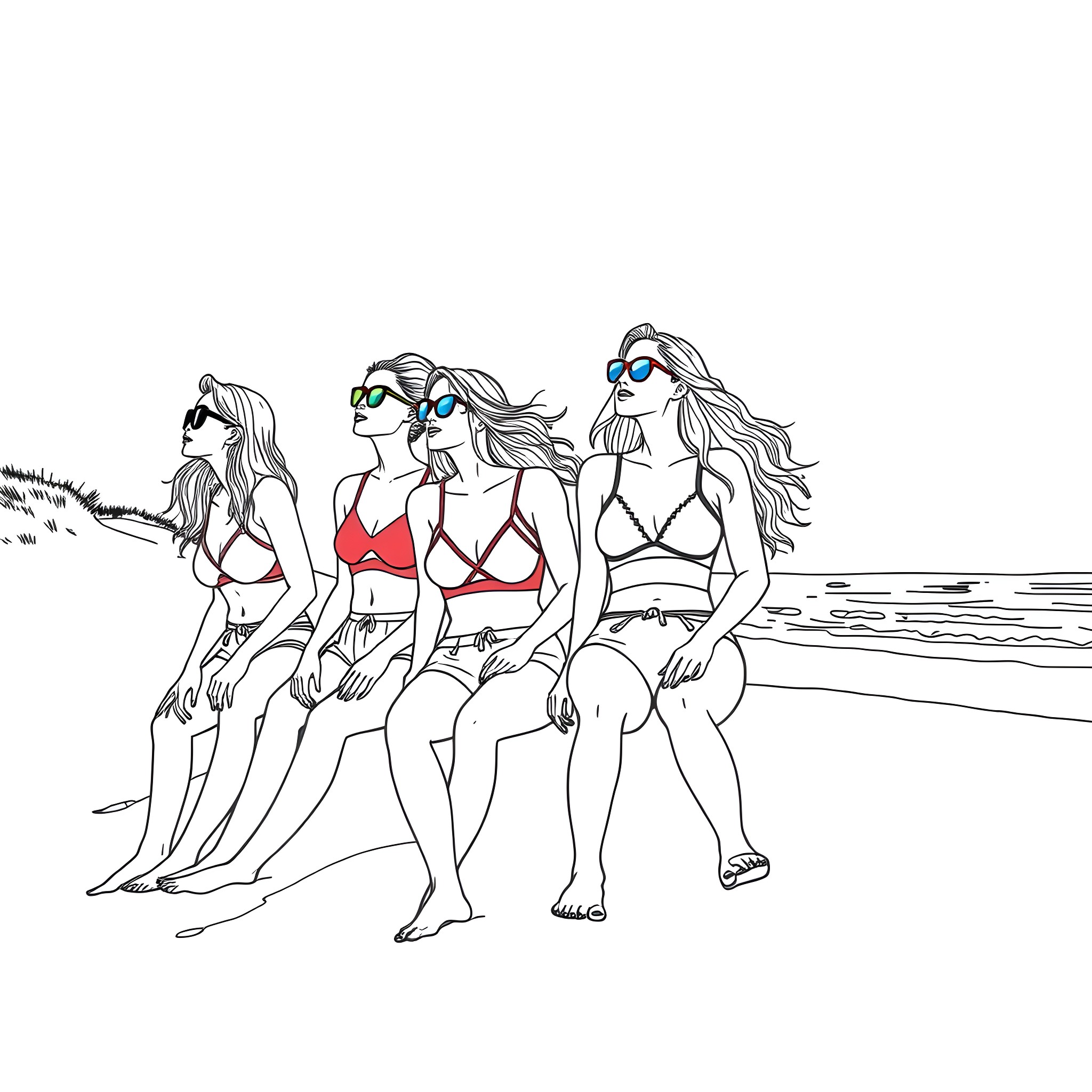 Women enjoying summer day at the beach Coloring Page (free black-and-white line drawing printable PDF for all, from beginners to advanced learners, including children, teens, adults, and seniors)