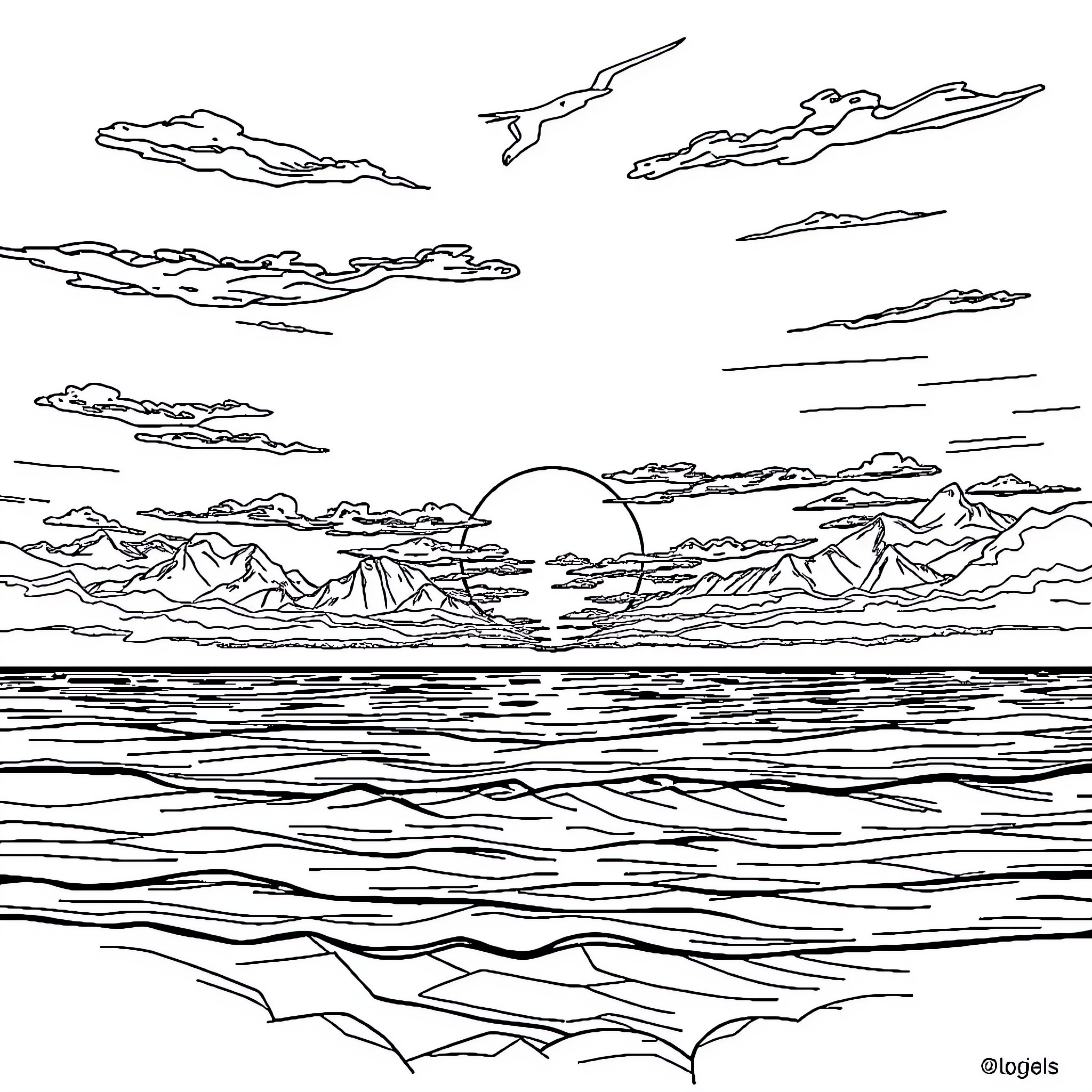 Sea Scenery with Dramatic Clouds and Mountainous Landscape Coloring Page (free black-and-white line drawing printable PDF for all, from beginners to advanced learners, including children, teens, adults, and seniors)
