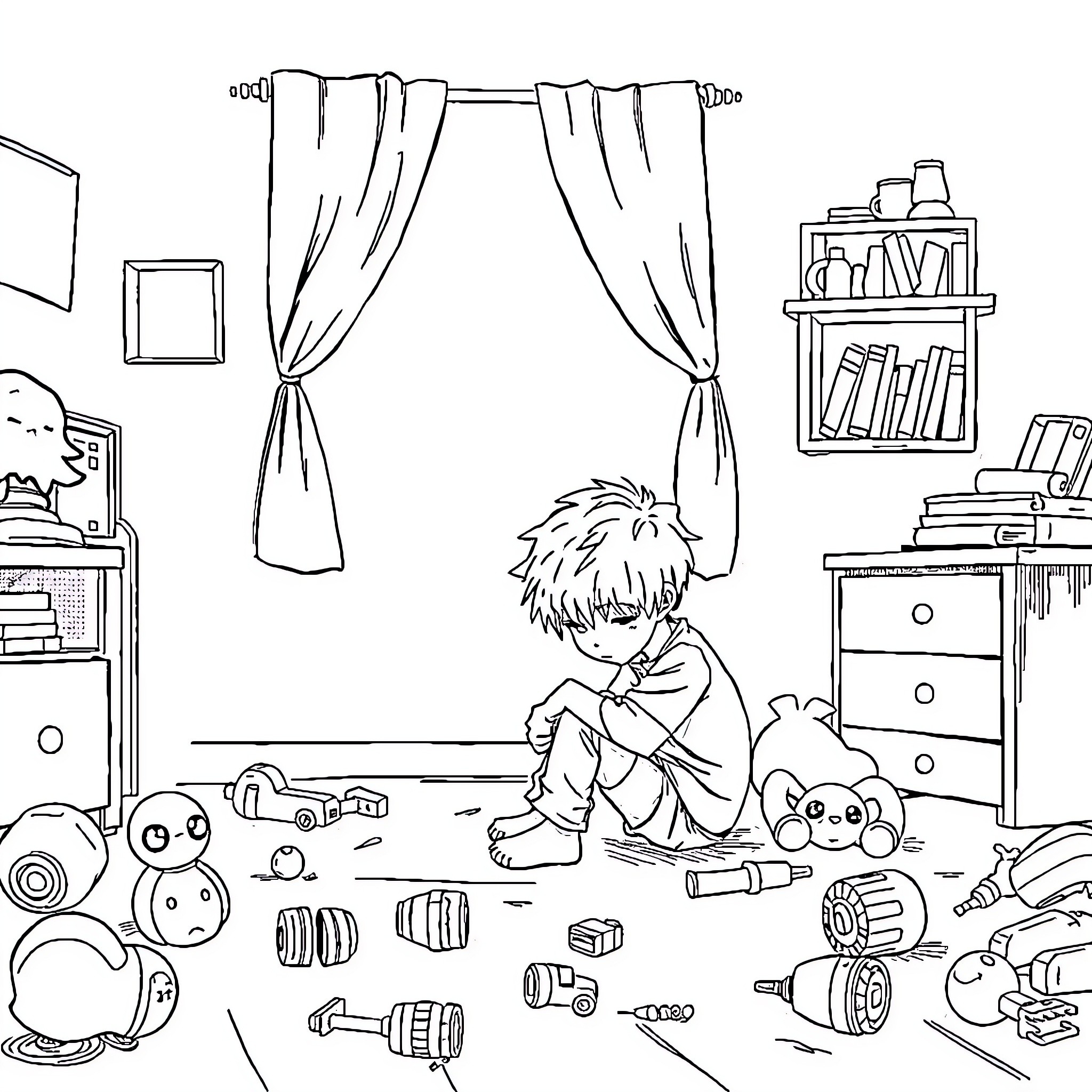 Boy playing with toys in messy room Coloring Page (free black-and-white line drawing printable PDF for all, from beginners to advanced learners, including children, teens, adults, and seniors)