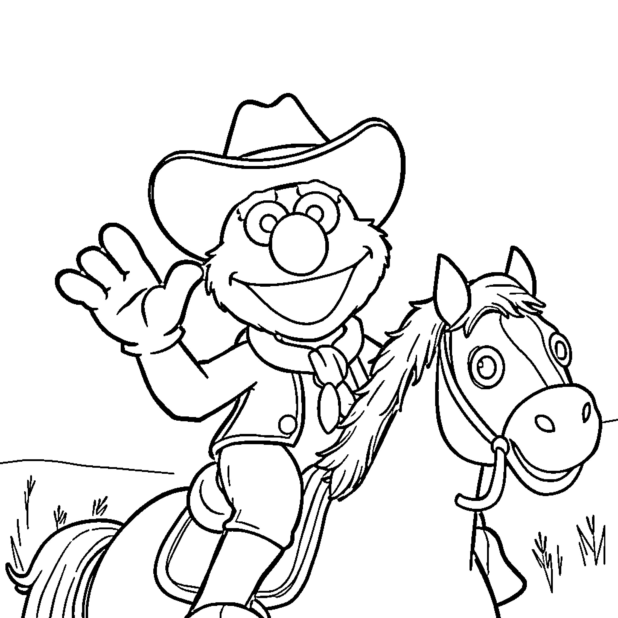 Elmo the Cowboy Waving on Horseback Coloring Page (free black-and-white line drawing printable PDF for all, from beginners to advanced learners, including children, teens, adults, and seniors)