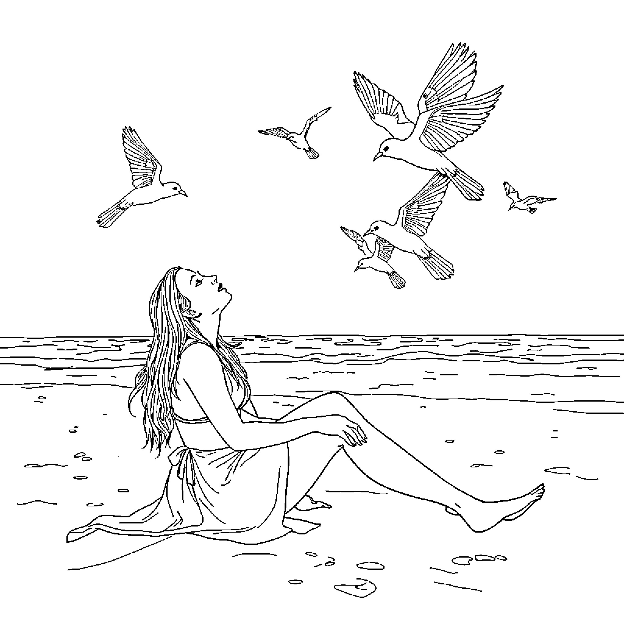 Birds in flight over person sitting on beach Coloring Page (free black-and-white line drawing printable PDF for all, from beginners to advanced learners, including children, teens, adults, and seniors)