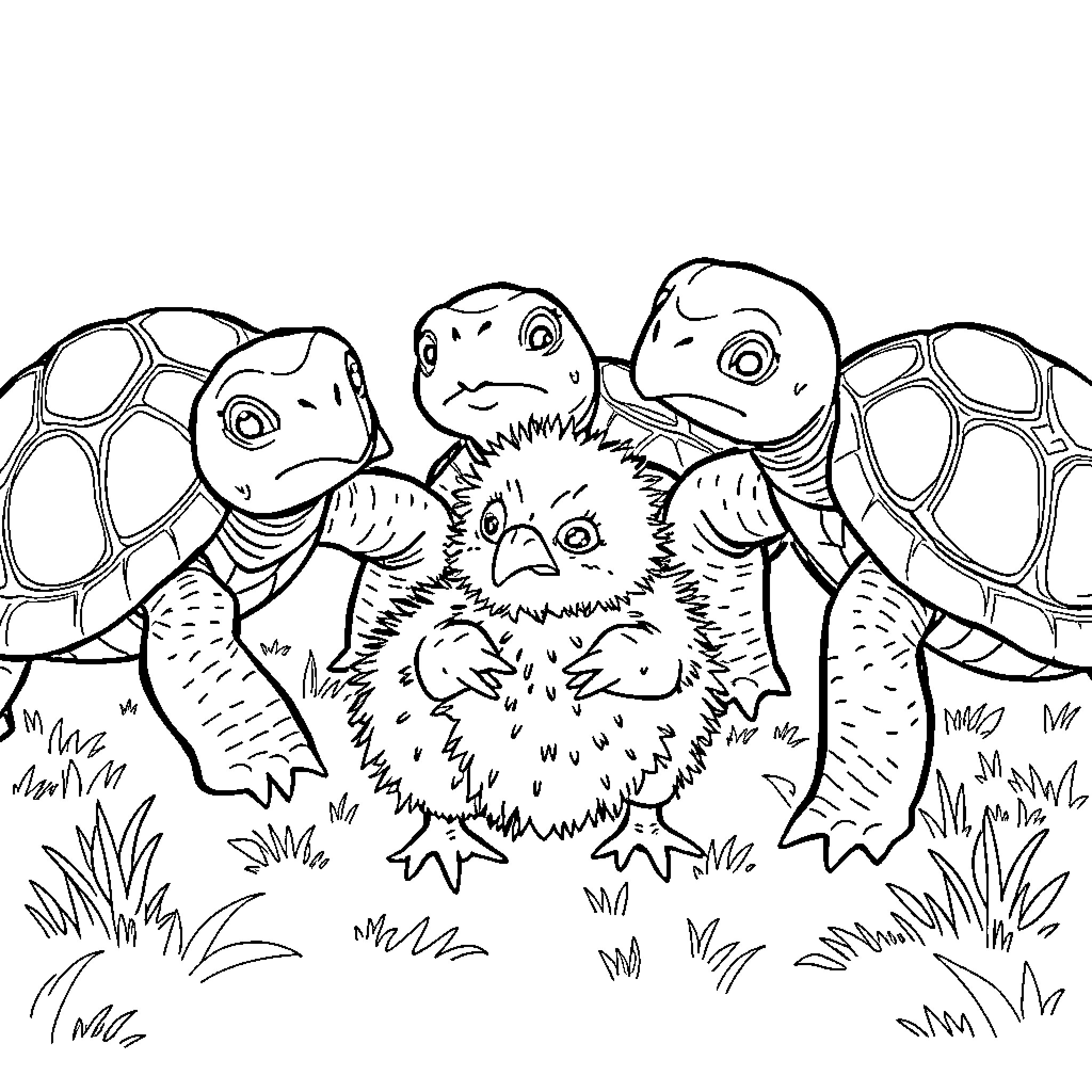 Turtles gathered together in a playful scene Coloring Page (free black-and-white line drawing printable PDF for all, from beginners to advanced learners, including children, teens, adults, and seniors)