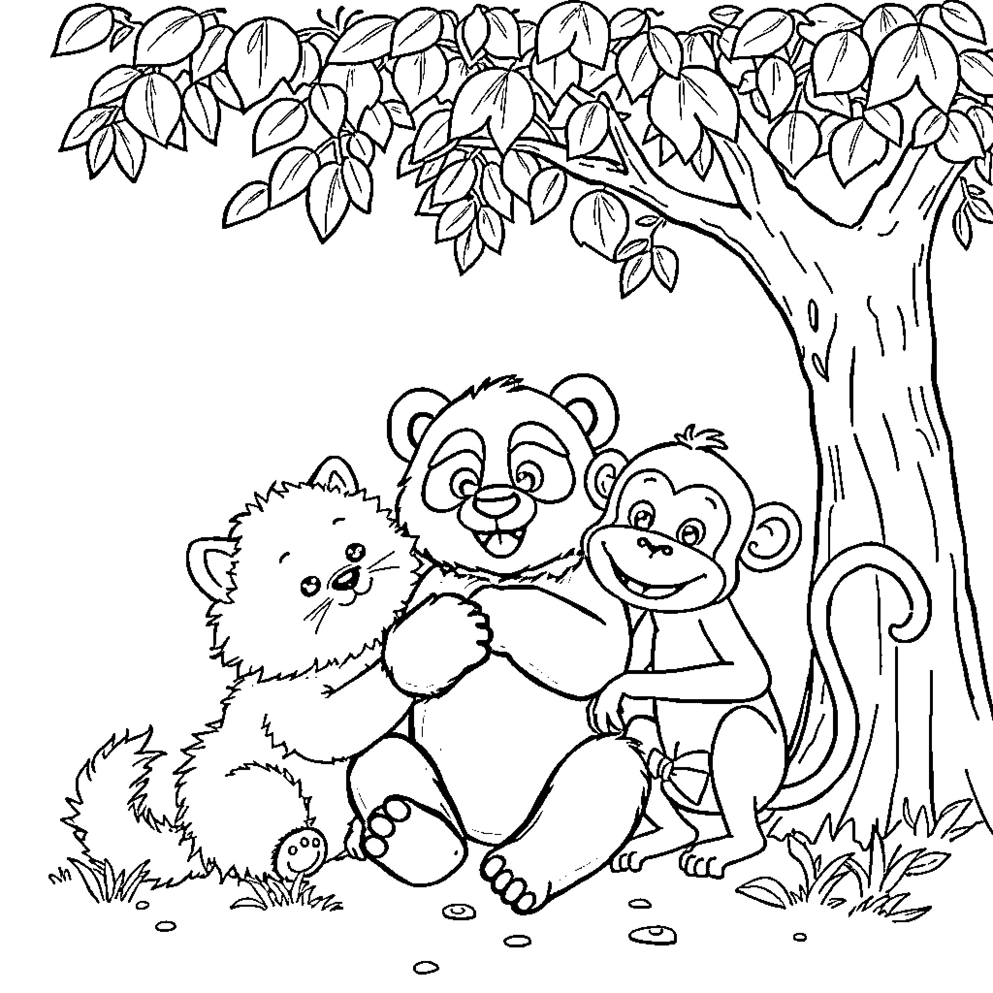 Cat and Monkey Playing in Forest Coloring Page (free black-and-white line drawing printable PDF for all, from beginners to advanced learners, including children, teens, adults, and seniors)