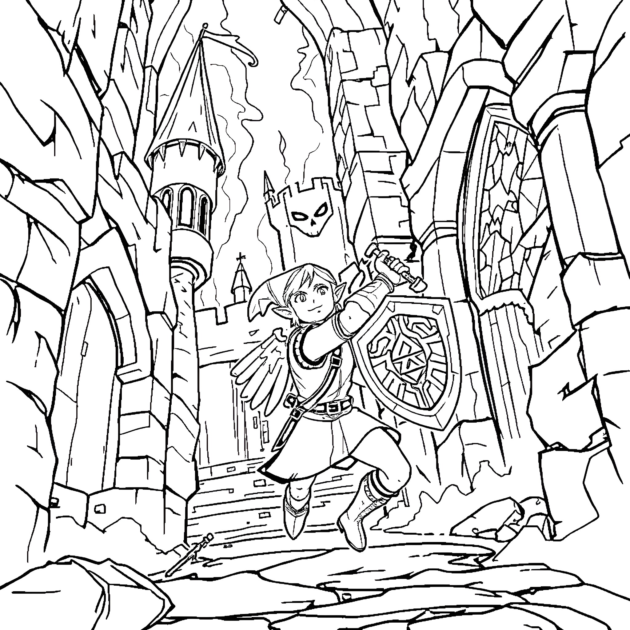 Link Journeying Through a Fantastical Landscape Coloring Page (free black-and-white line drawing printable PDF for all, from beginners to advanced learners, including children, teens, adults, and seniors)