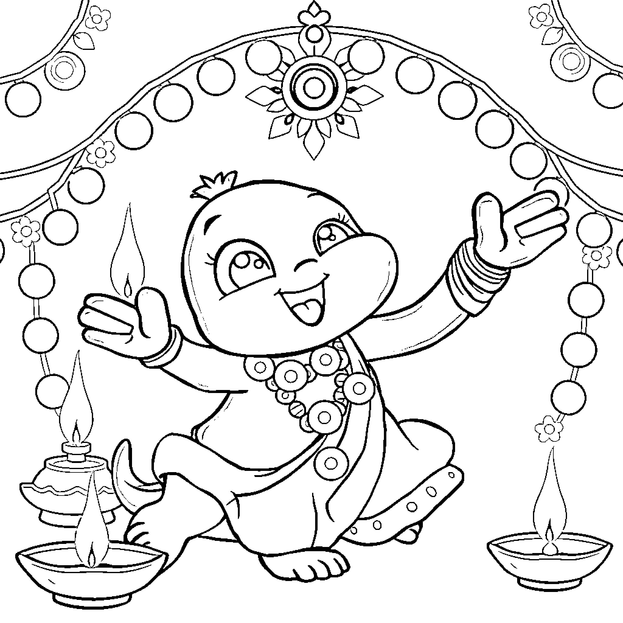 Bluey Celebrates Diwali with Decorations Coloring Page (free black-and-white line drawing printable PDF for all, from beginners to advanced learners, including children, teens, adults, and seniors)