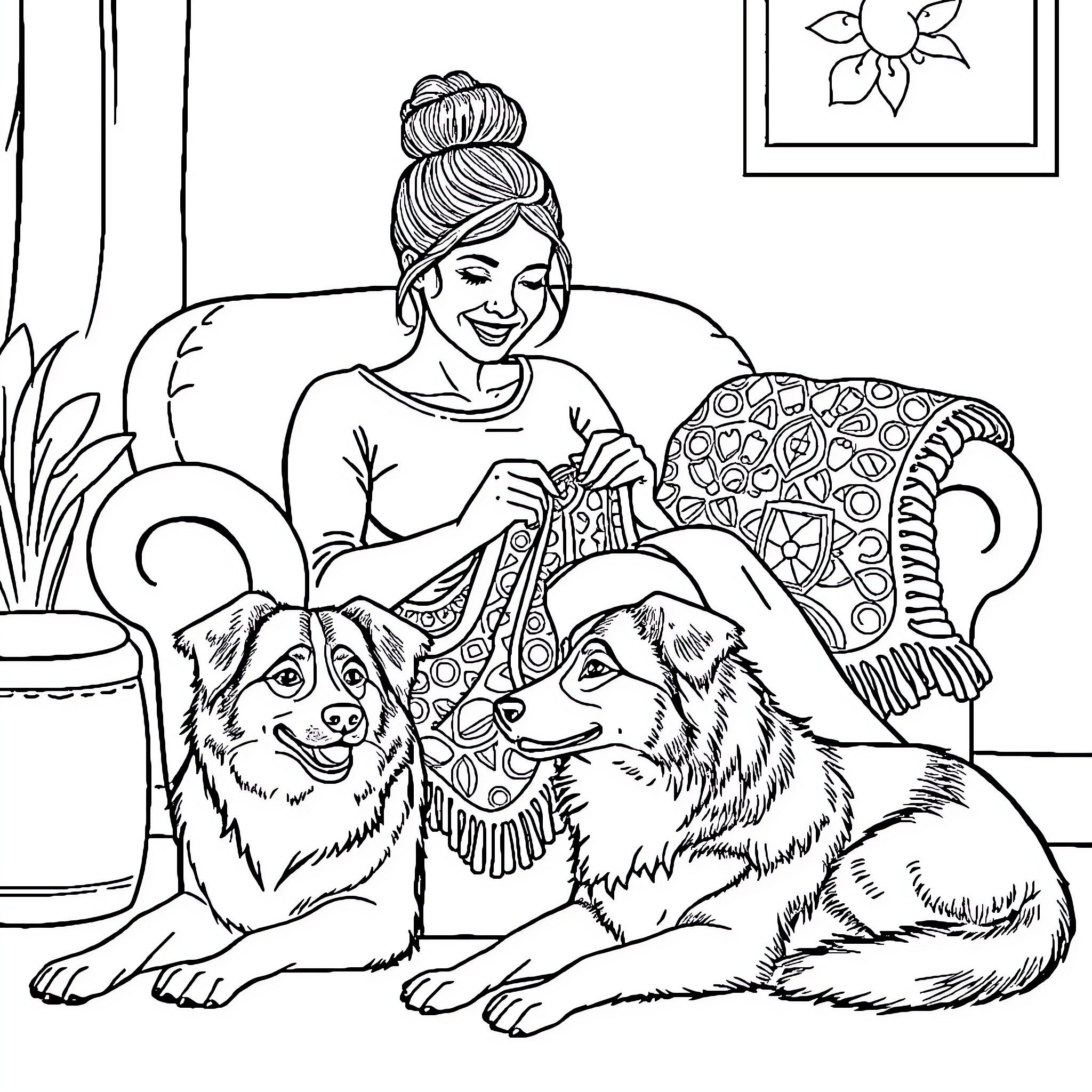 Woman Sitting with Adorable Dogs in Cozy Living Room Coloring Page (free black-and-white line drawing printable PDF for all, from beginners to advanced learners, including children, teens, adults, and seniors)
