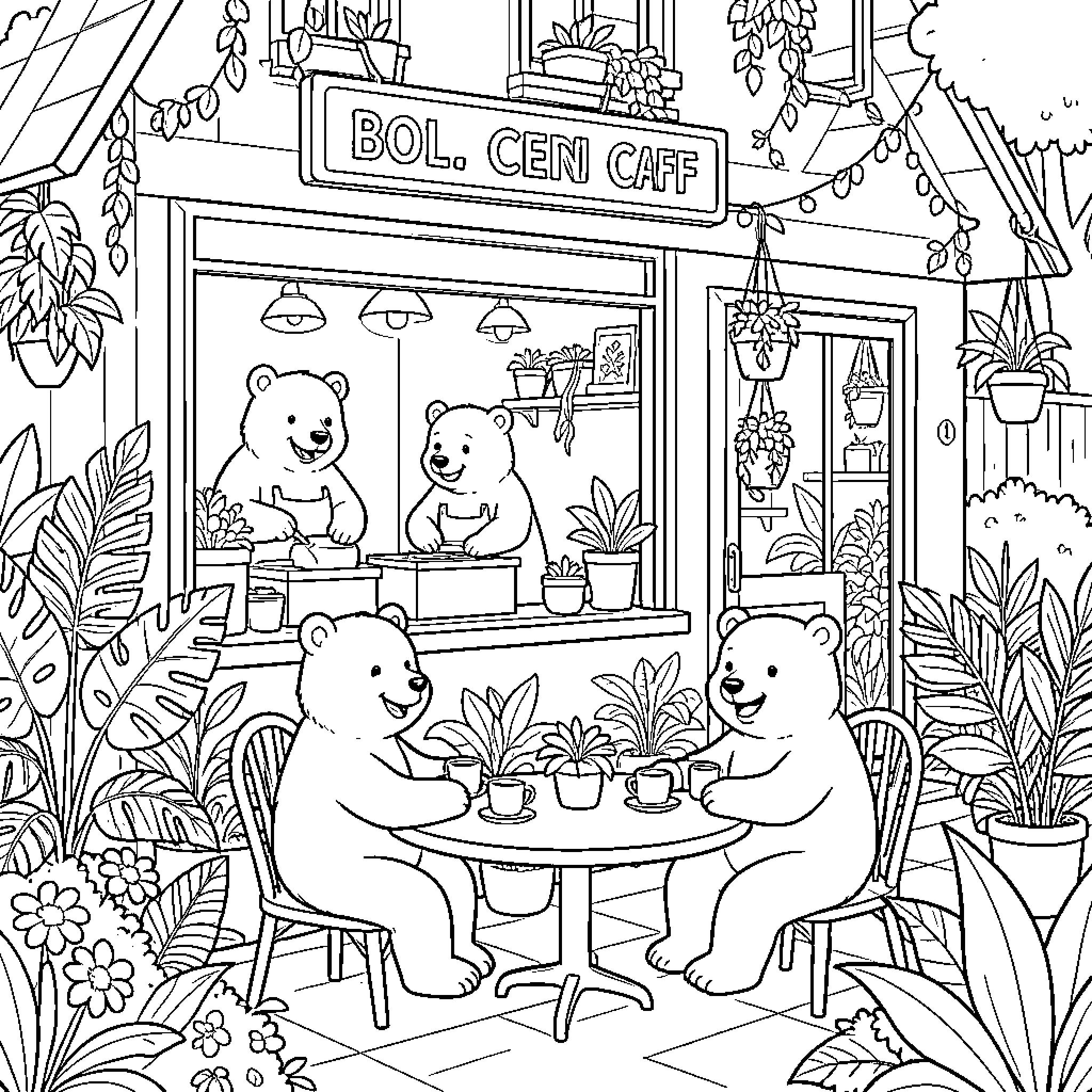 Bear Friends Enjoying Cozy Cafe Gathering Coloring Page (free black-and-white line drawing printable PDF for all, from beginners to advanced learners, including children, teens, adults, and seniors)