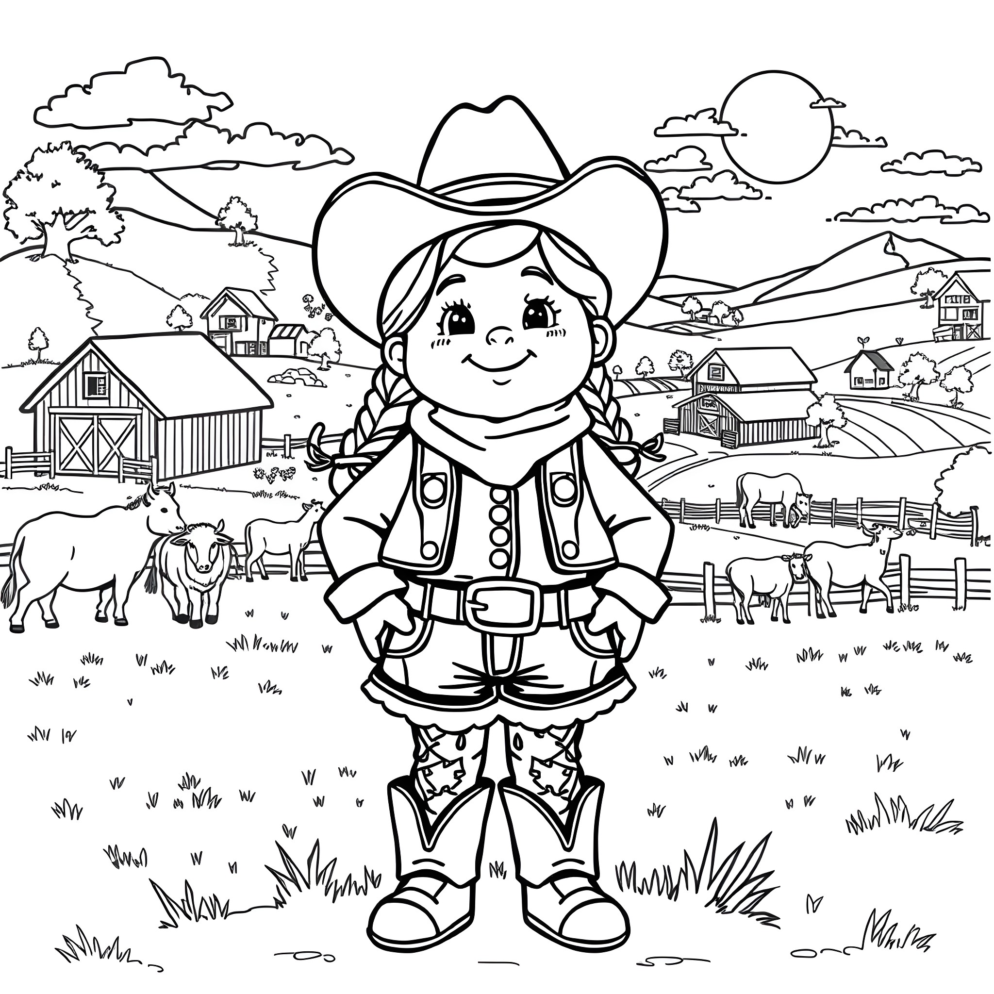 Girl in Cowgirl Outfit on a Farm Coloring Page (free black-and-white line drawing printable PDF for all, from beginners to advanced learners, including children, teens, adults, and seniors)