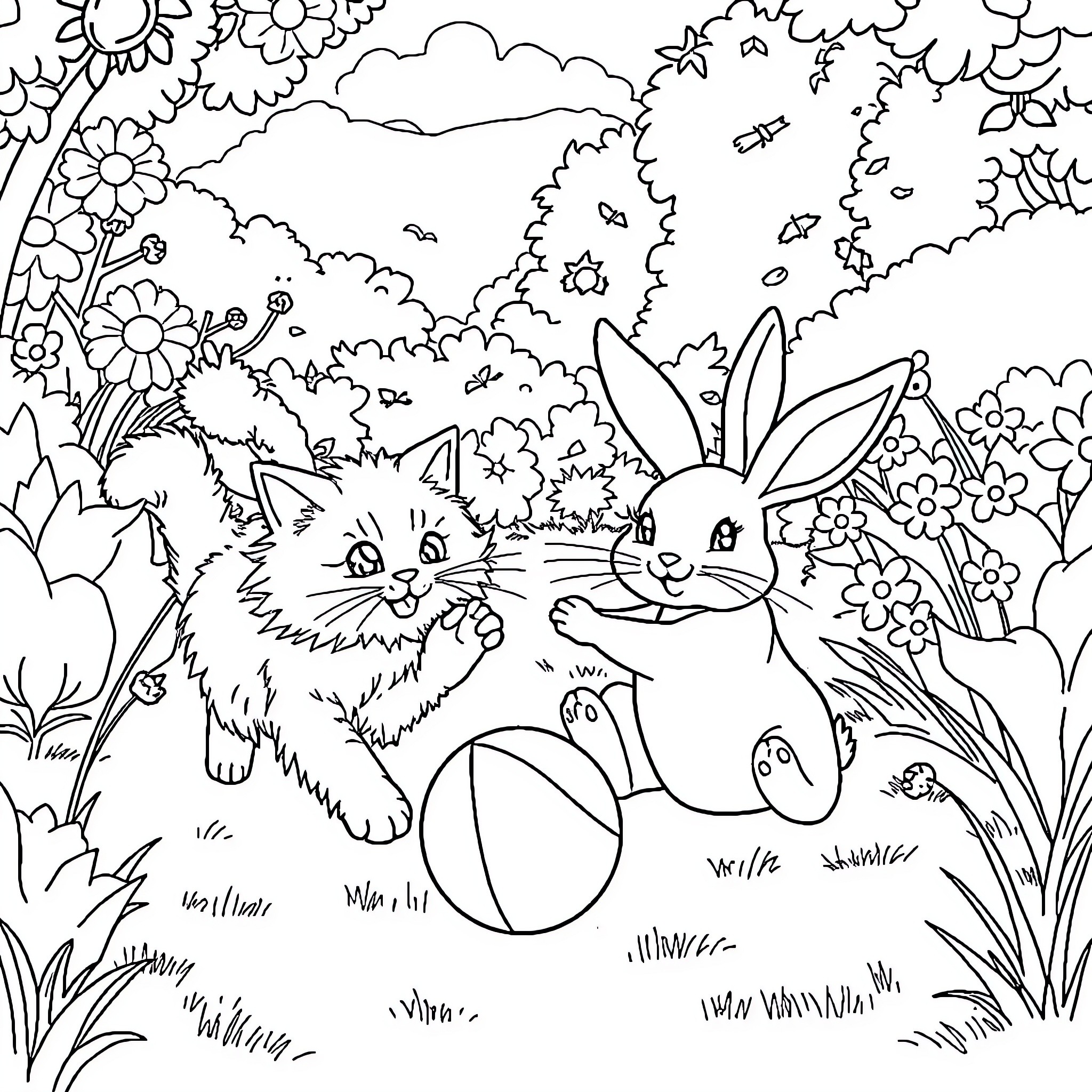 Cat and Rabbit in Floral Garden Scene Coloring Page (free black-and-white line drawing printable PDF for all, from beginners to advanced learners, including children, teens, adults, and seniors)