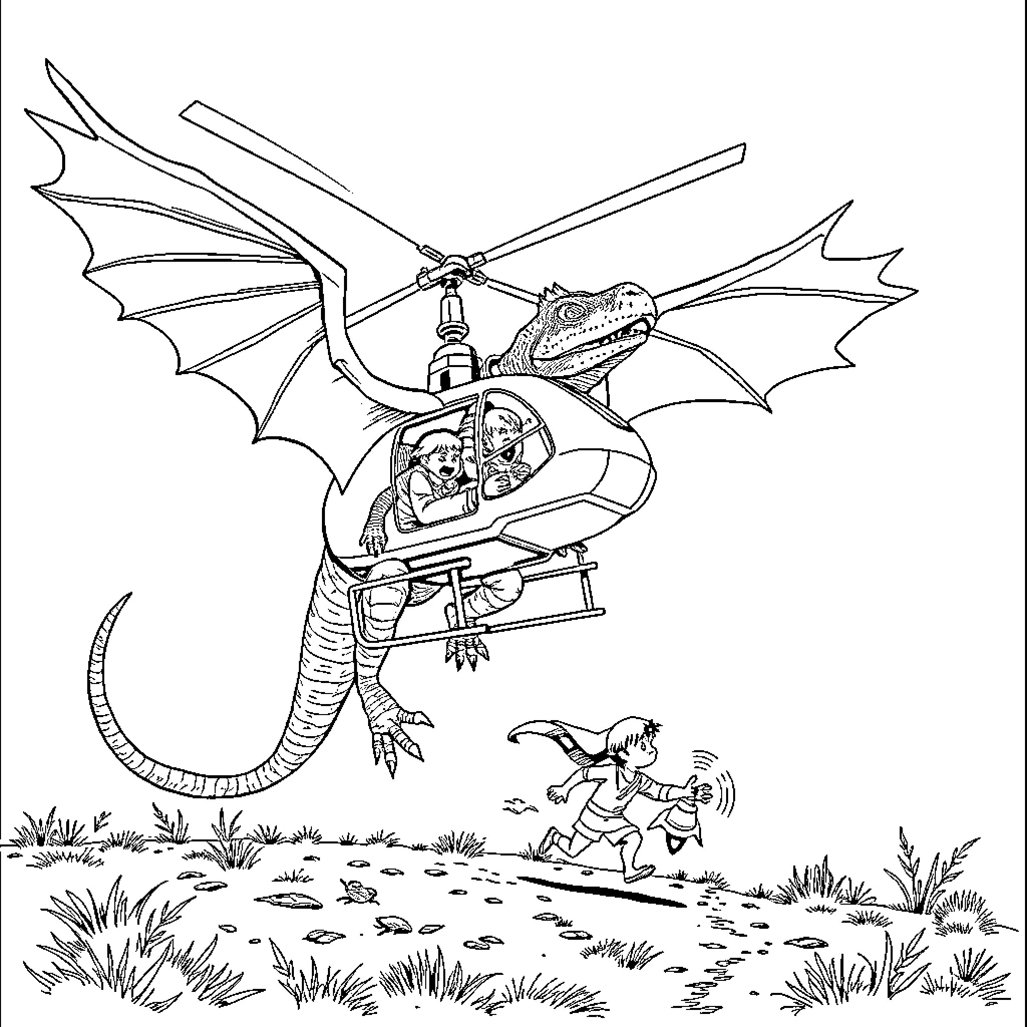 Lizard riding a winged creature over the field Coloring Page (free black-and-white line drawing printable PDF for all, from beginners to advanced learners, including children, teens, adults, and seniors)