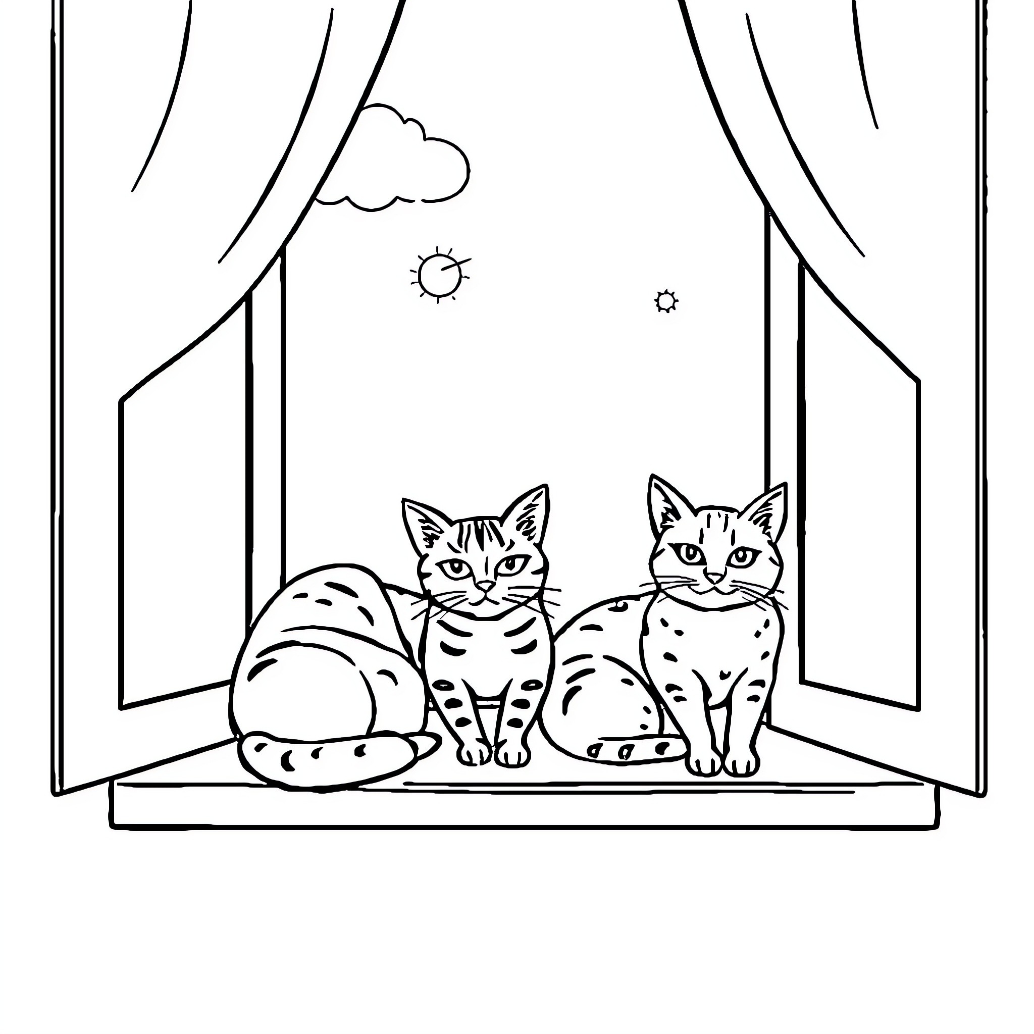 Cats Sitting on Windowsill Coloring Page (free black-and-white line drawing printable PDF for all, from beginners to advanced learners, including children, teens, adults, and seniors)