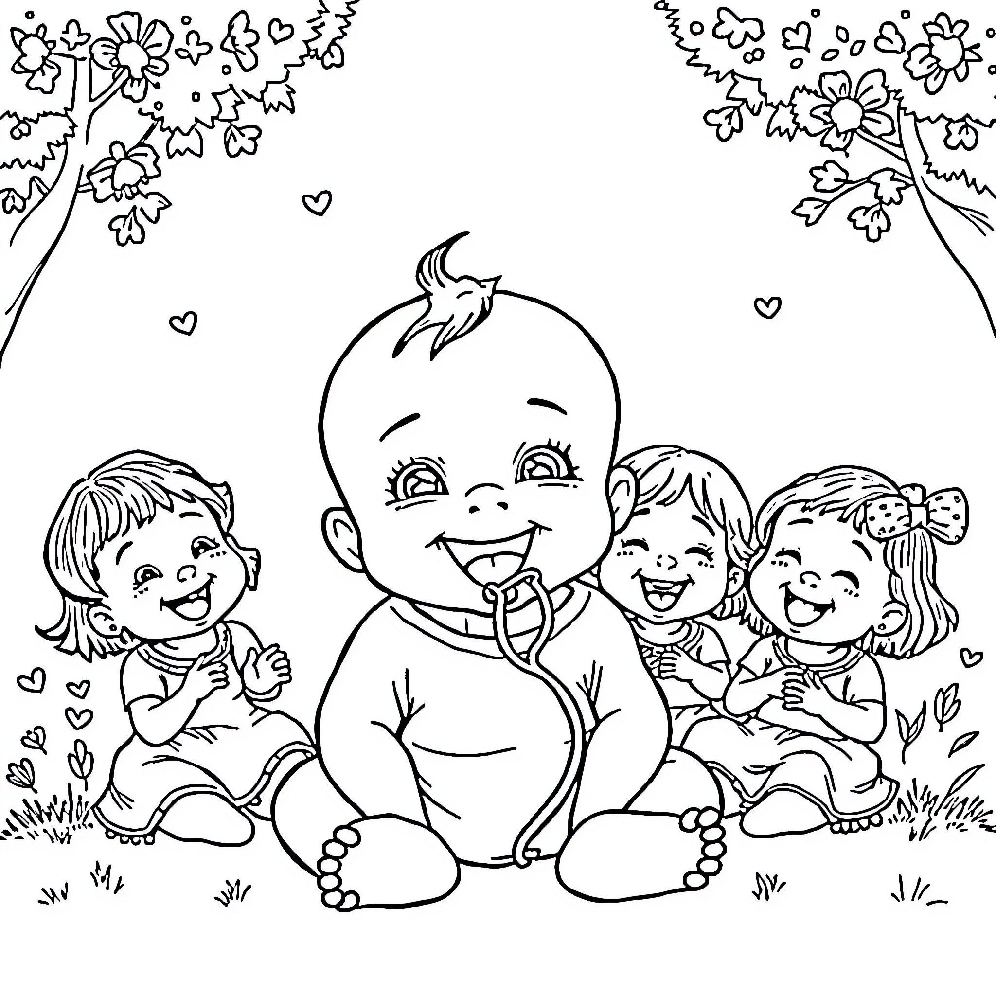 Baby playing with friends in floral garden Coloring Page (free black-and-white line drawing printable PDF for all, from beginners to advanced learners, including children, teens, adults, and seniors)