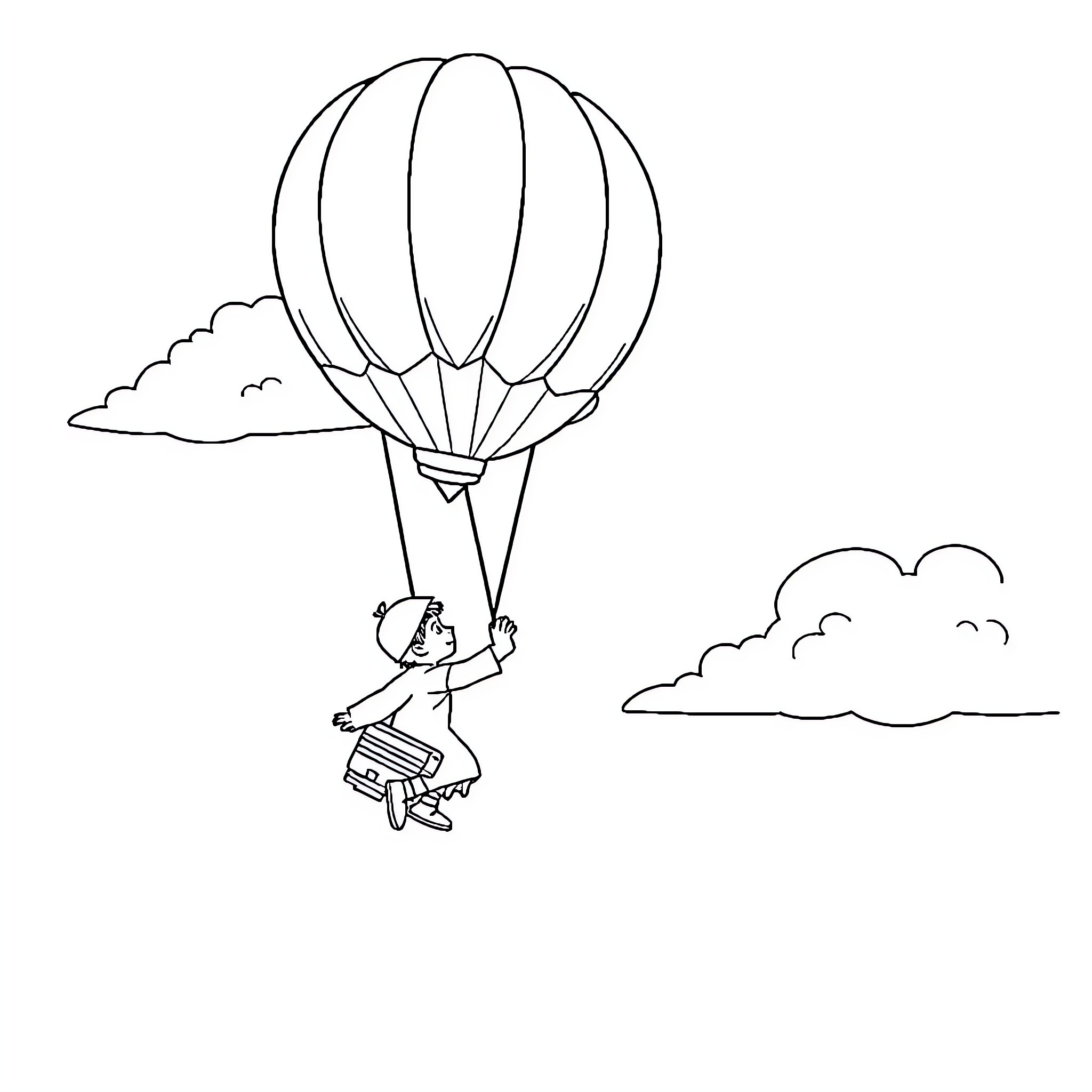Turkish Balloon Carrying Person and Suitcase in the Sky Coloring Page (free black-and-white line drawing printable PDF for all, from beginners to advanced learners, including children, teens, adults, and seniors)