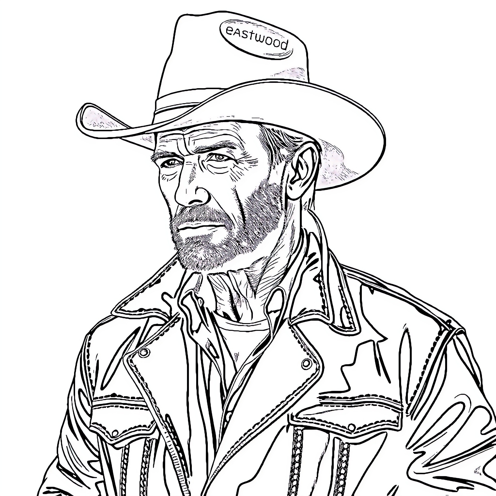 Clint Eastwood as a rugged cowboy Coloring Page (free black-and-white line drawing printable PDF for all, from beginners to advanced learners, including children, teens, adults, and seniors)