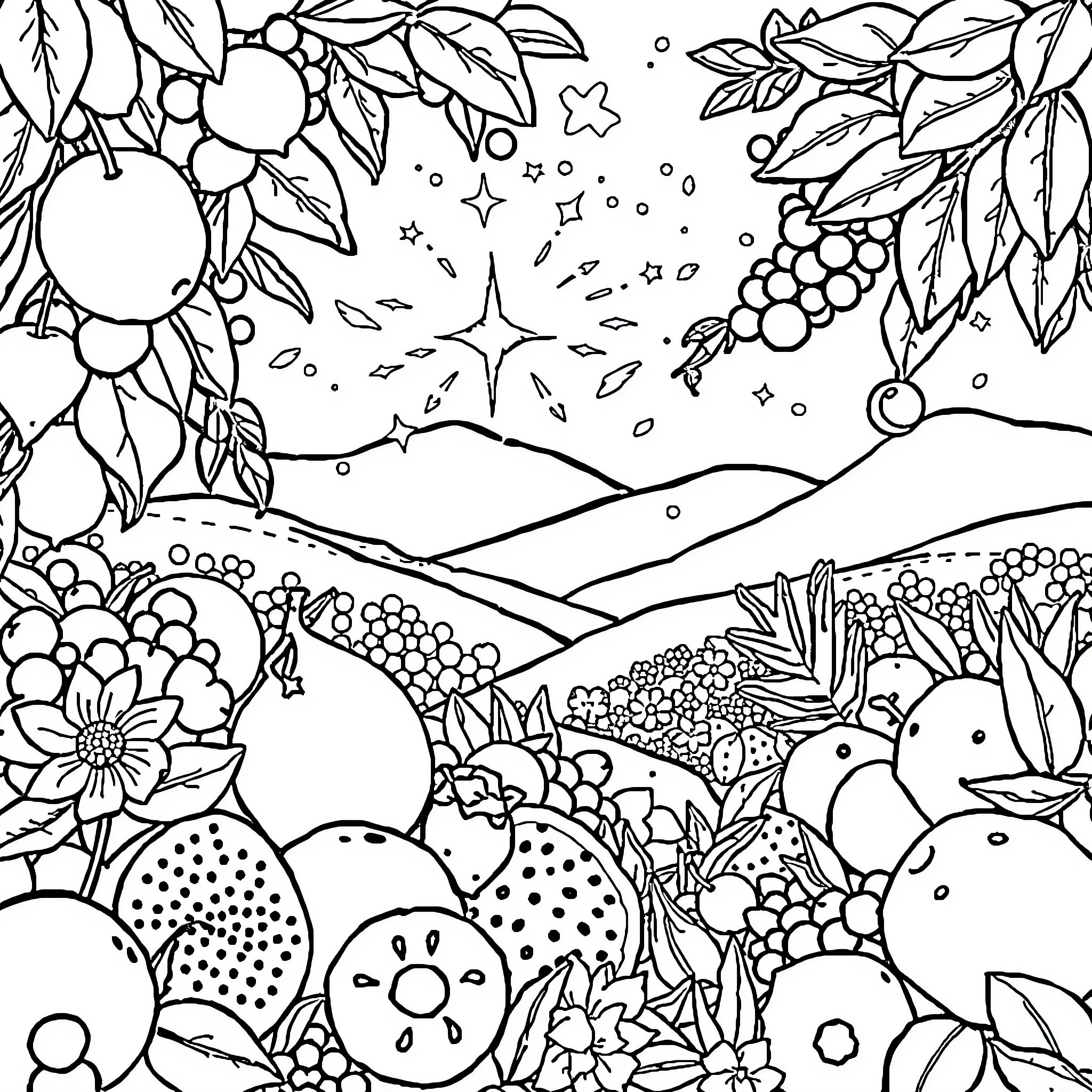 Fruit Filled Landscape with Whimsical Elements Coloring Page (free black-and-white line drawing printable PDF for all, from beginners to advanced learners, including children, teens, adults, and seniors)