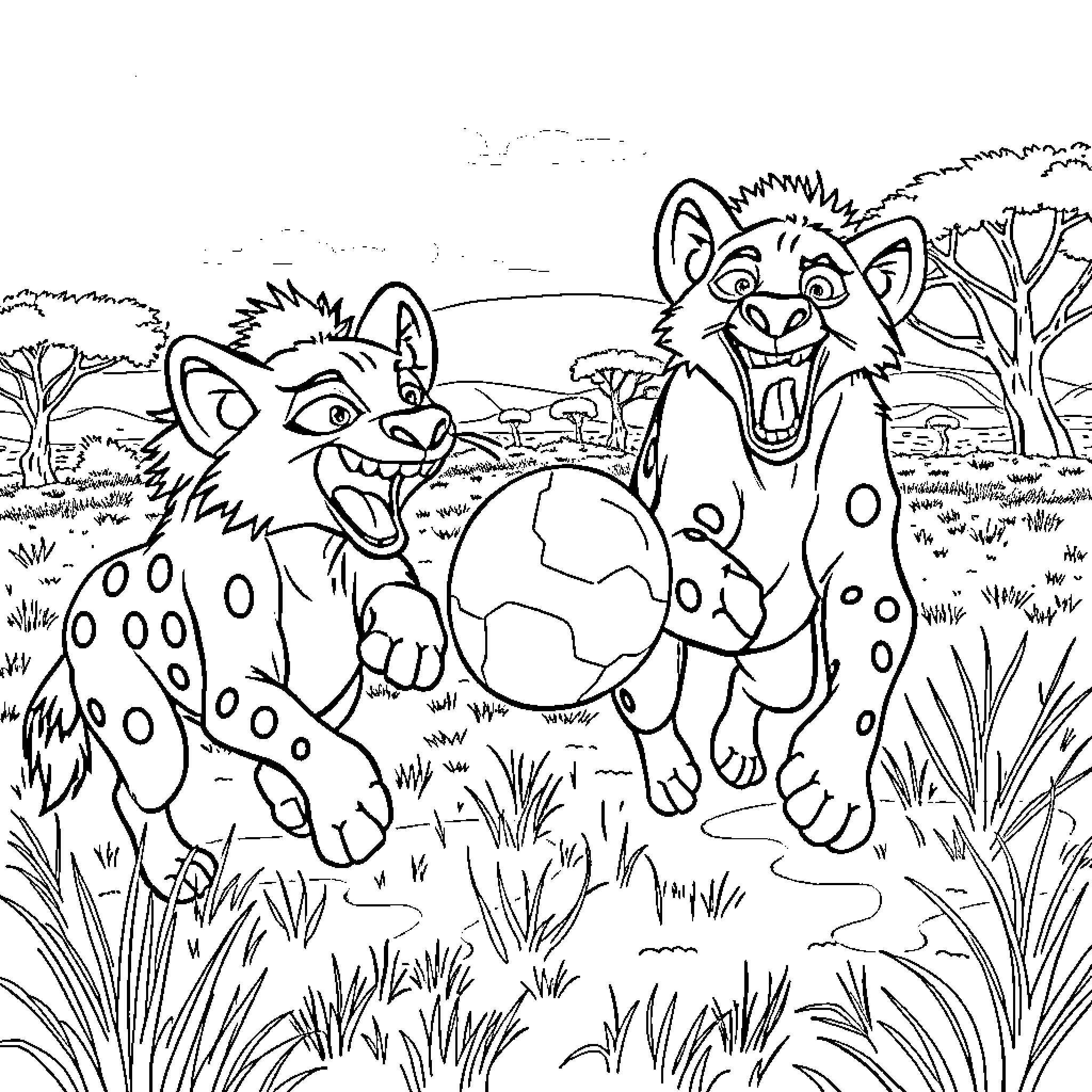 Hyena Duo Exploring the Savanna Landscape Coloring Page (free black-and-white line drawing printable PDF for all, from beginners to advanced learners, including children, teens, adults, and seniors)