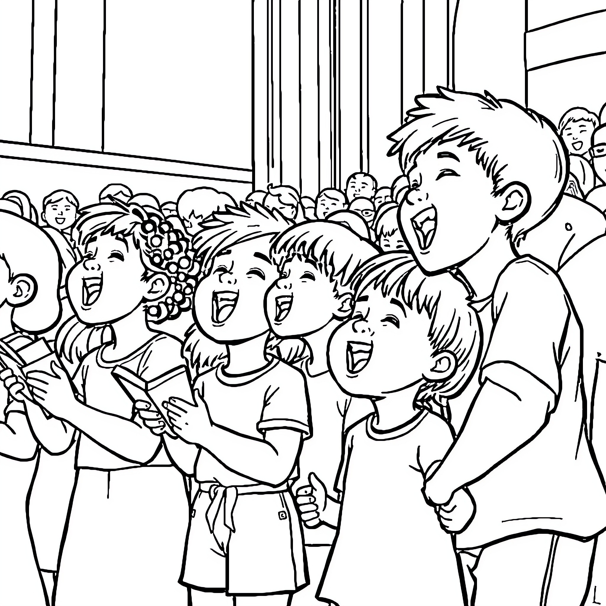 Kid Group Singing Cheerfully on Stage Coloring Page (free black-and-white line drawing printable PDF for all, from beginners to advanced learners, including children, teens, adults, and seniors)