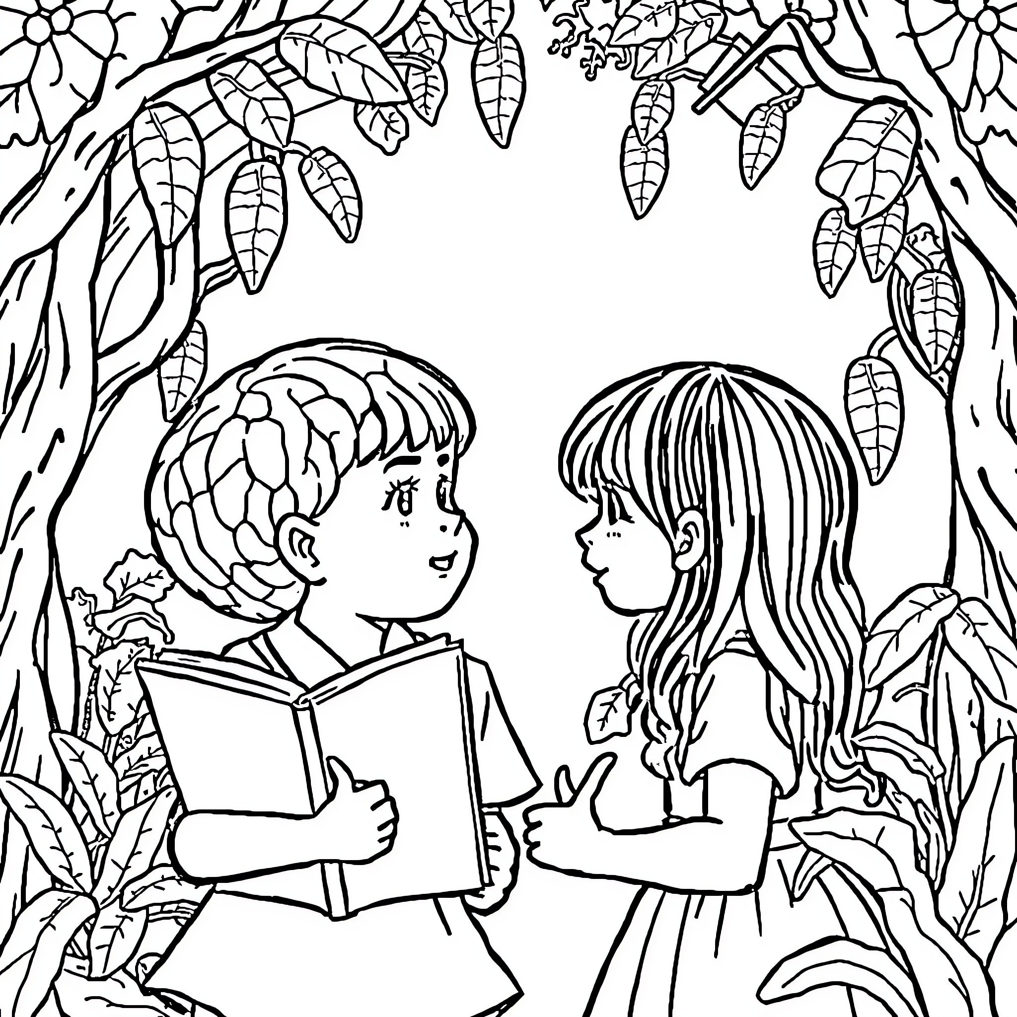 Labubu Children Reading in the Enchanted Forest Coloring Page (free black-and-white line drawing printable PDF for all, from beginners to advanced learners, including children, teens, adults, and seniors)