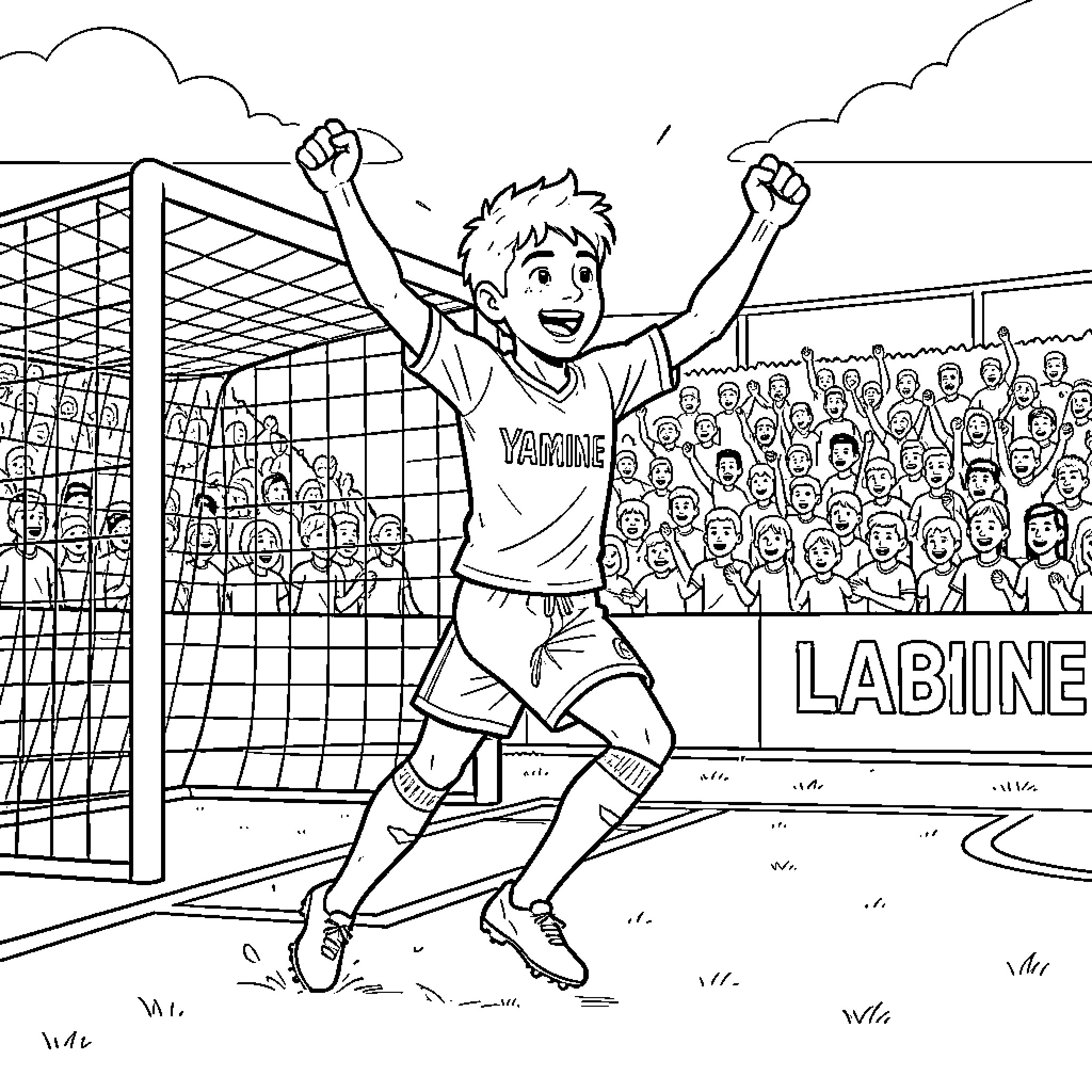 Lamine Yamal celebrating a goal with arms raised Coloring Page (free black-and-white line drawing printable PDF for all, from beginners to advanced learners, including children, teens, adults, and seniors)