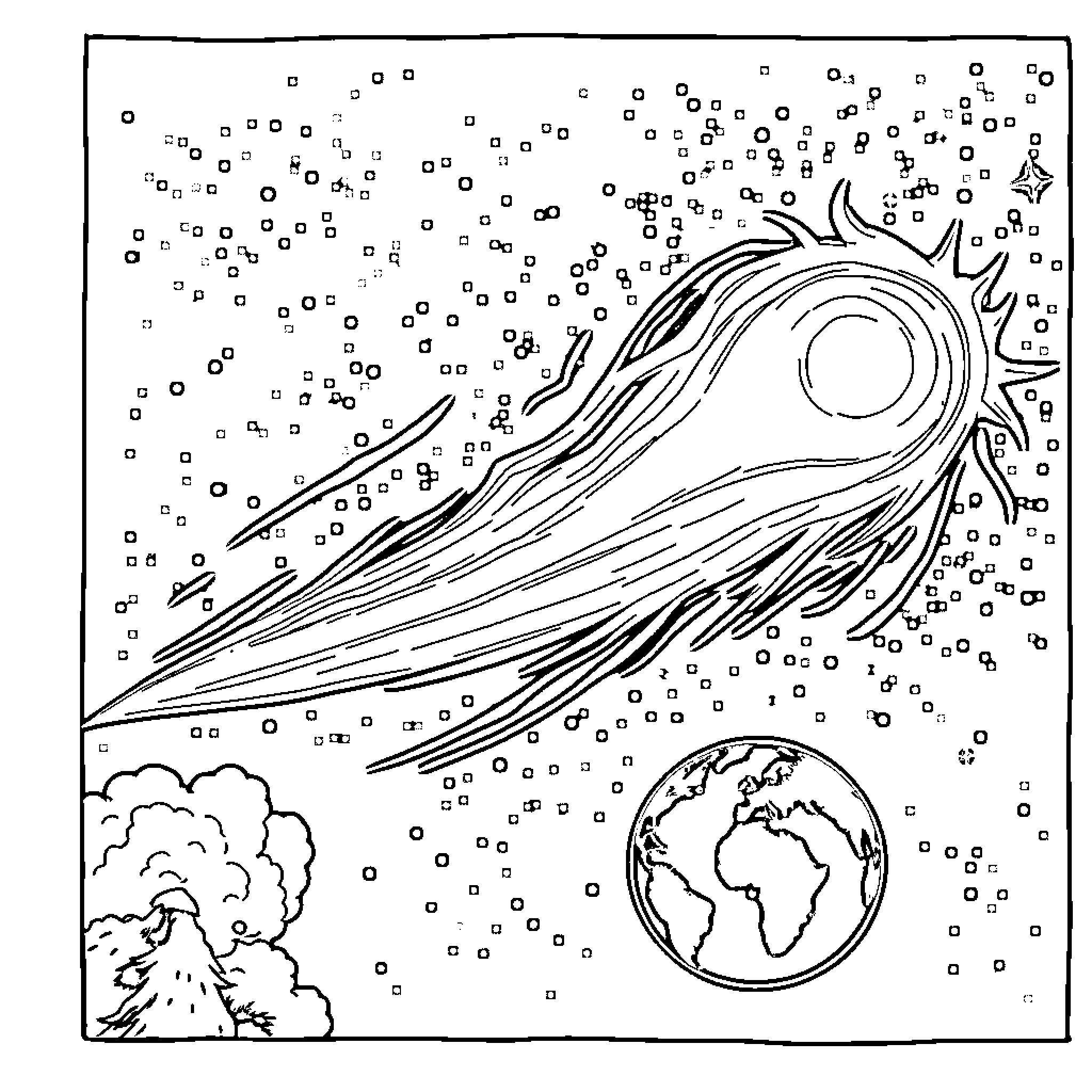Comet streaking across the night sky Coloring Page (free black-and-white line drawing printable PDF for all, from beginners to advanced learners, including children, teens, adults, and seniors)