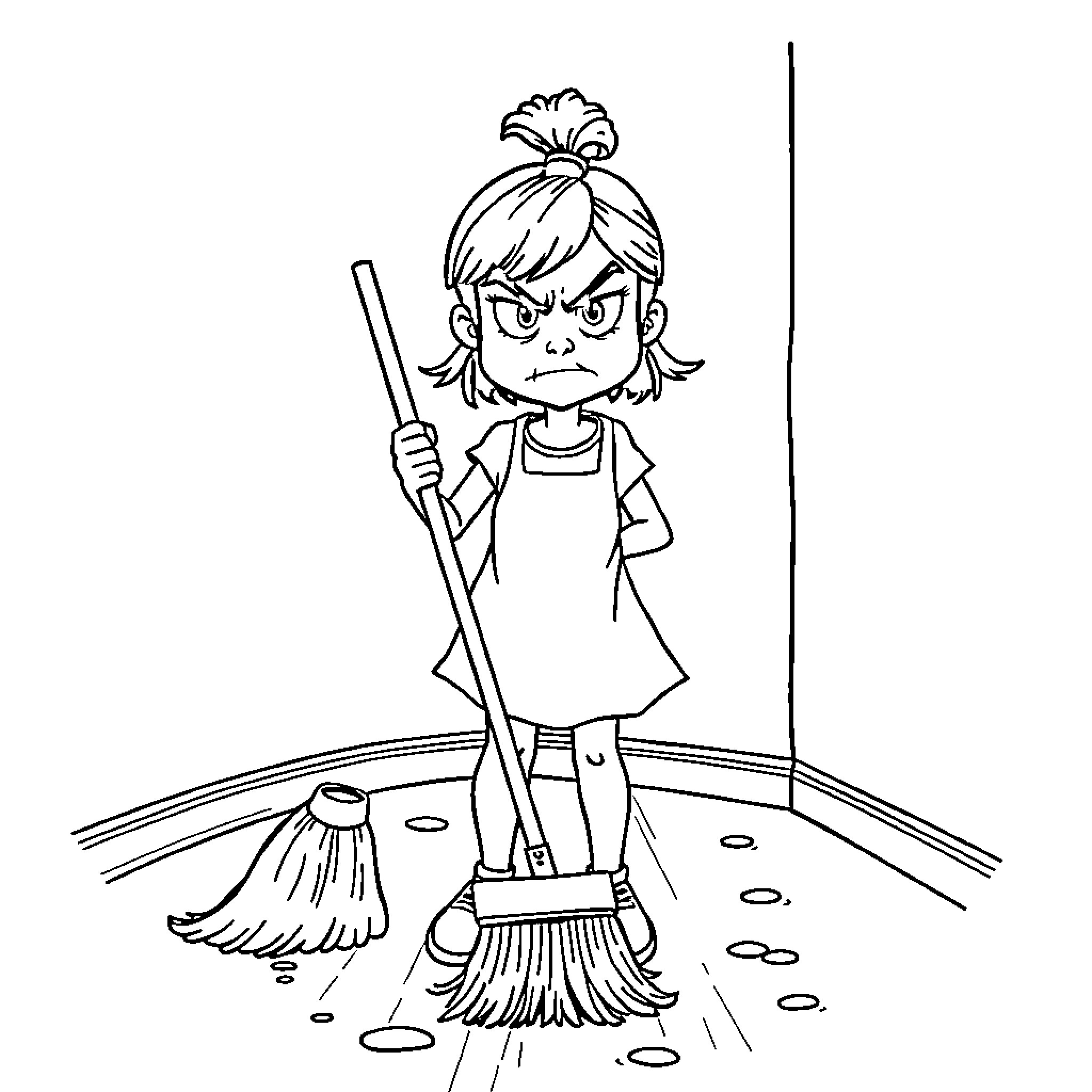 Girl sweeping the floor with a broom Coloring Page (free black-and-white line drawing printable PDF for all, from beginners to advanced learners, including children, teens, adults, and seniors)