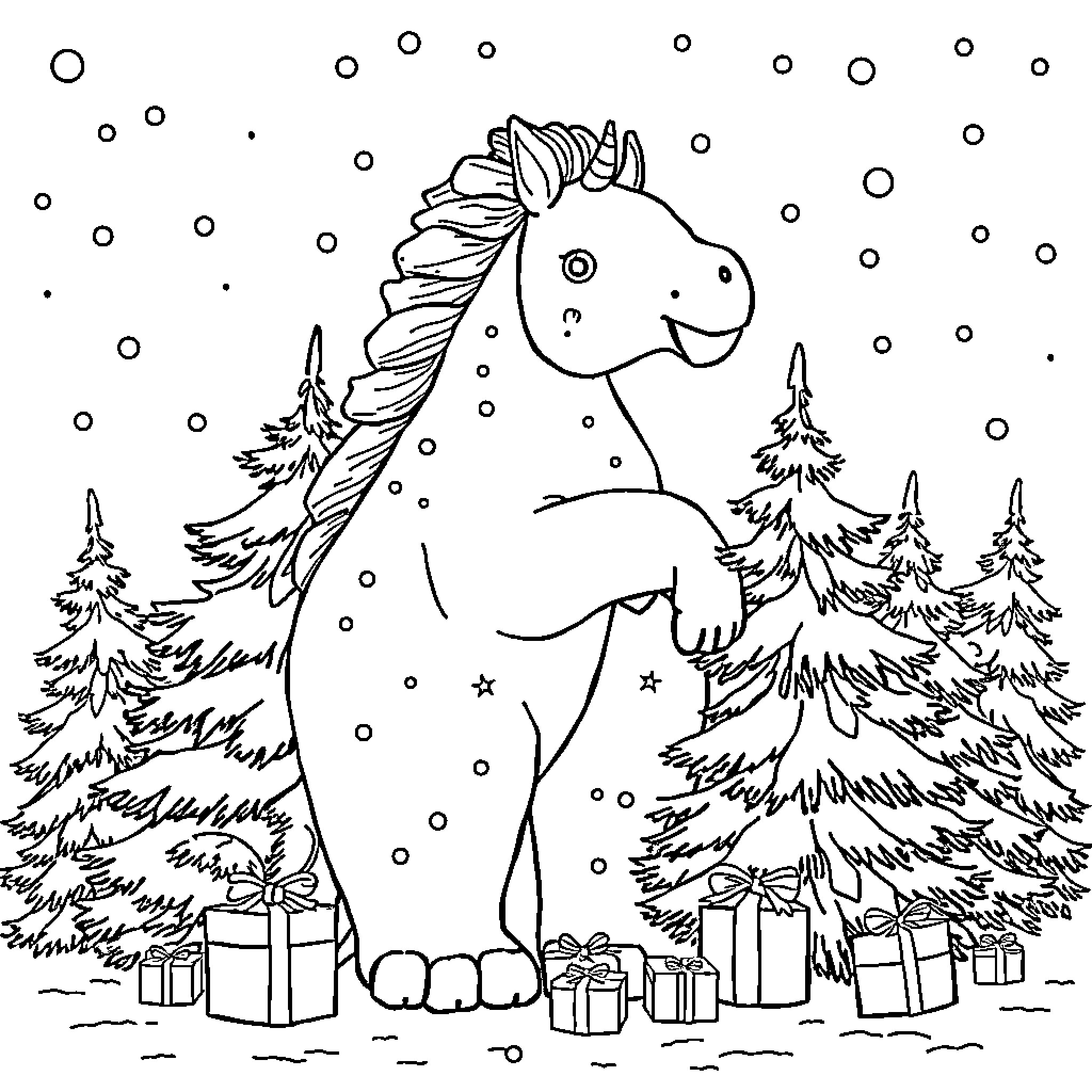 Bronchiosaurus Celebrating Holidays in Snowy Landscape Coloring Page (free black-and-white line drawing printable PDF for all, from beginners to advanced learners, including children, teens, adults, and seniors)