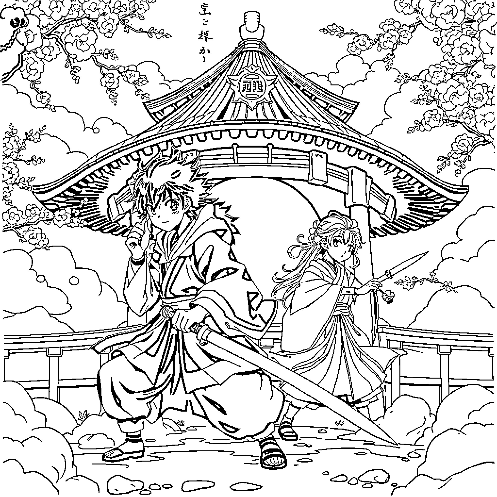 Demon Slayer Characters in Ornate Pavilion Coloring Page (free black-and-white line drawing printable PDF for all, from beginners to advanced learners, including children, teens, adults, and seniors)