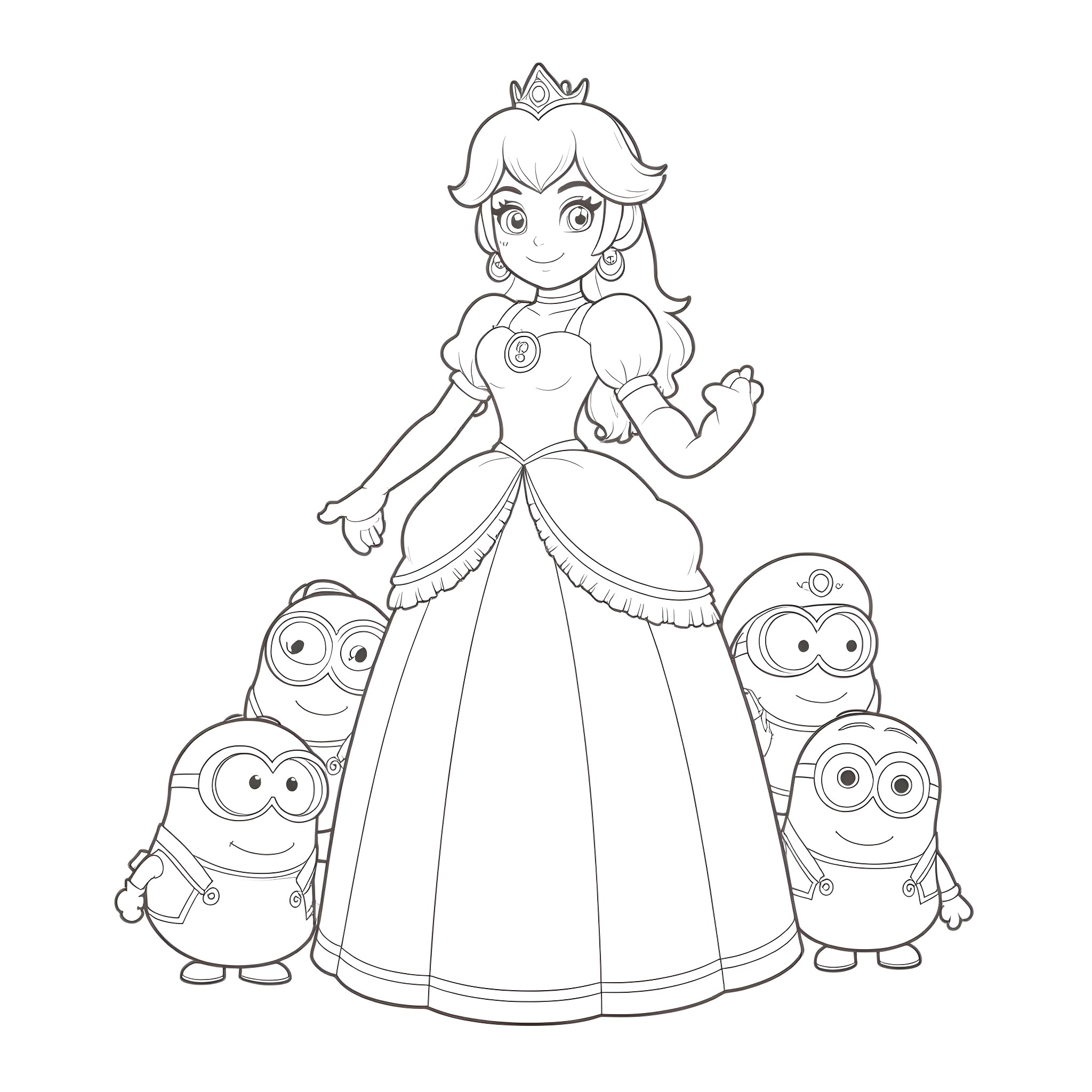 Princess in a Regal Gown with Cheerful Minions Coloring Page (free black-and-white line drawing printable PDF for all, from beginners to advanced learners, including children, teens, adults, and seniors)