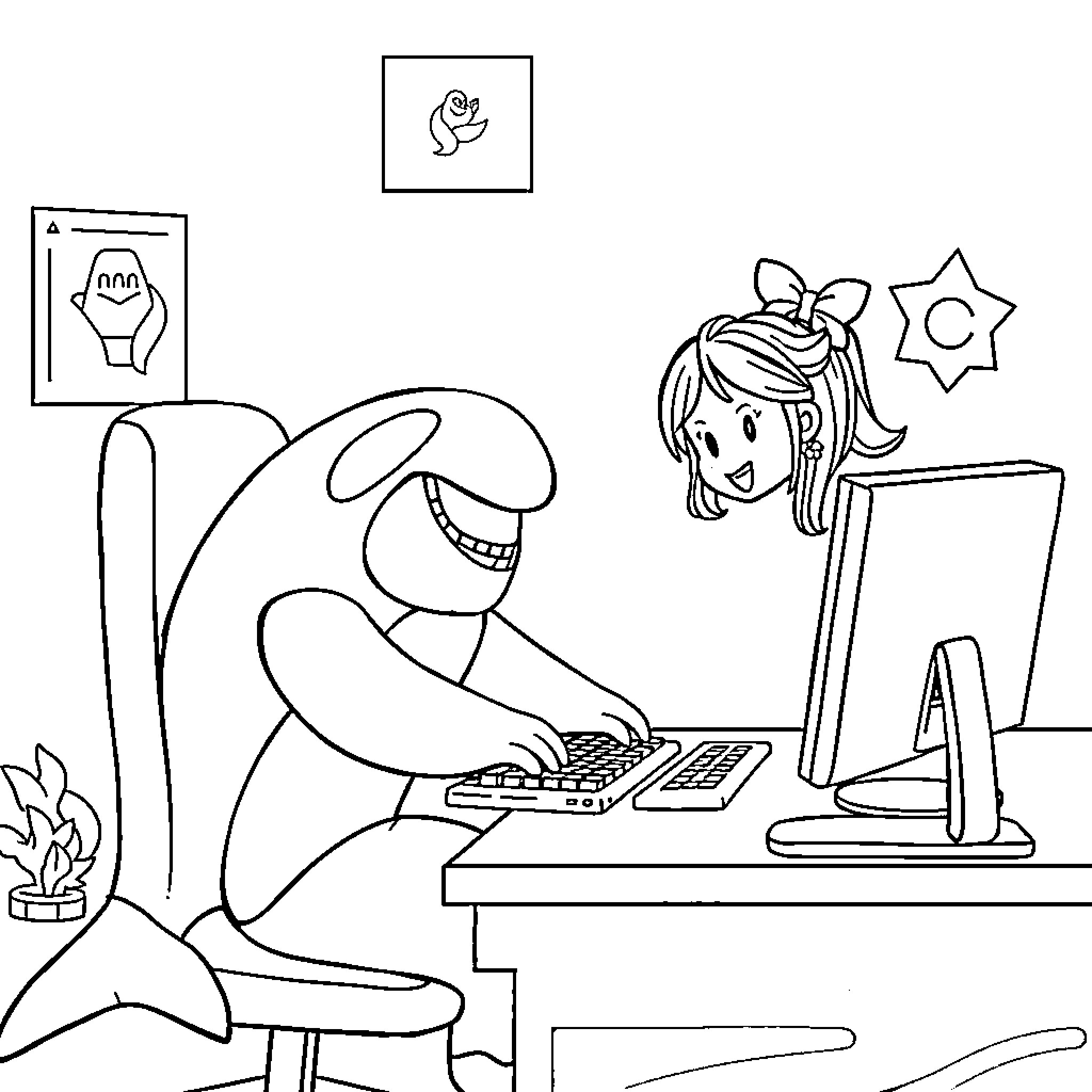 Orca having fun at the computer Coloring Page (free black-and-white line drawing printable PDF for all, from beginners to advanced learners, including children, teens, adults, and seniors)