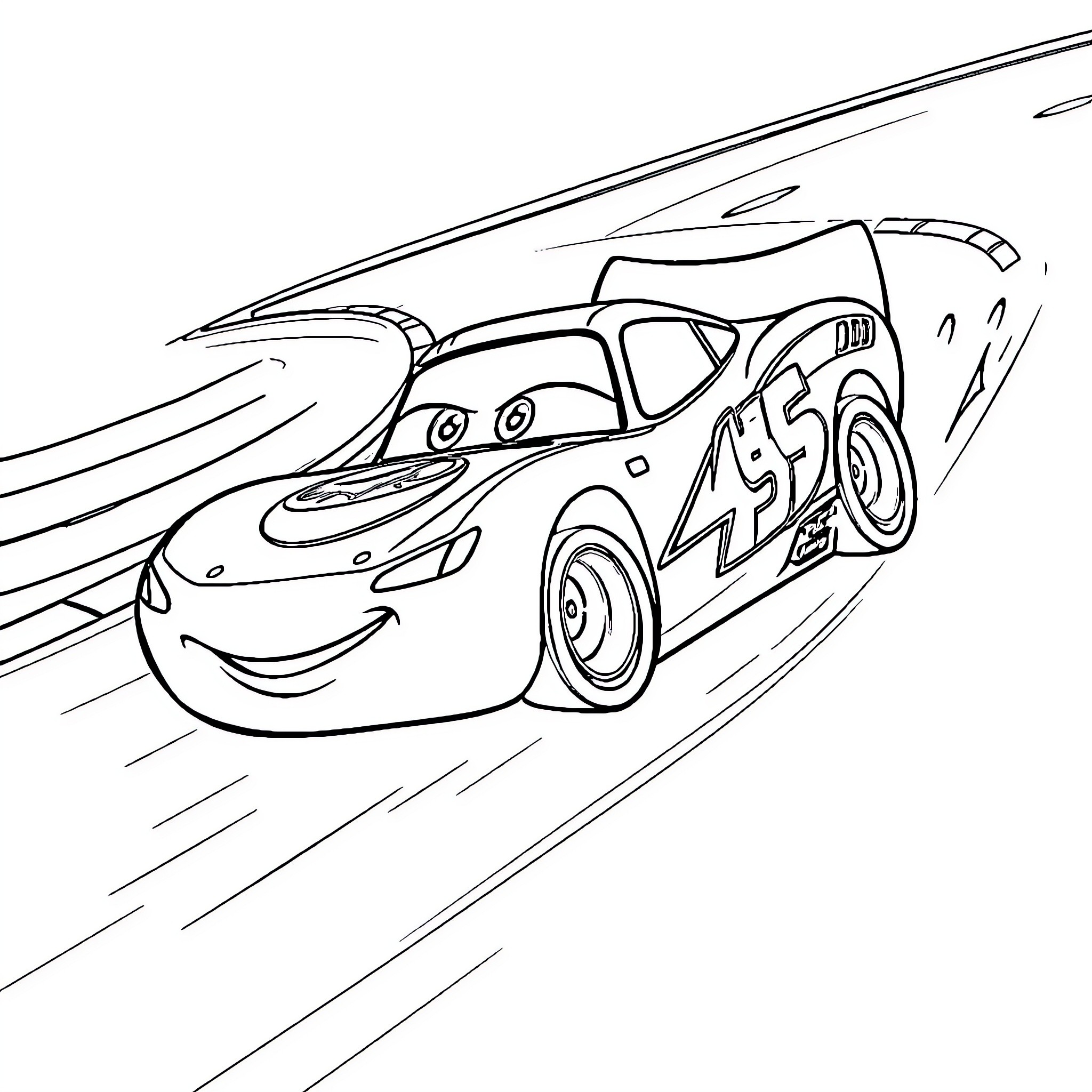 Flash McQueen racing speedily on the track Coloring Page (free black-and-white line drawing printable PDF for all, from beginners to advanced learners, including children, teens, adults, and seniors)