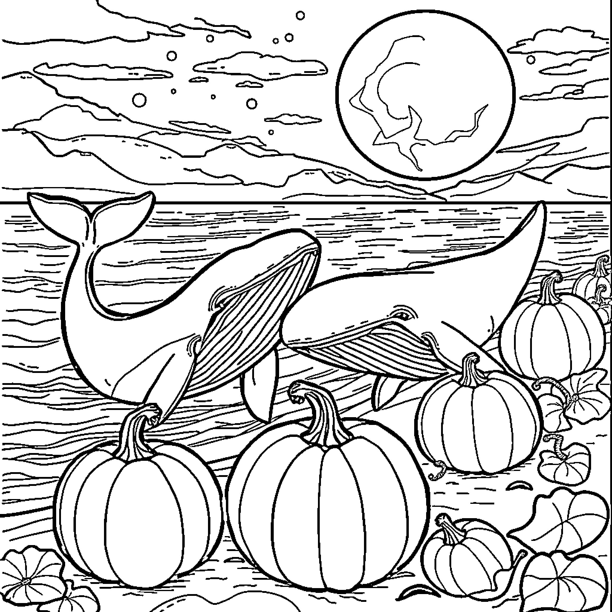 Whale Beaching on Pumpkin-Filled Shore Coloring Page (free black-and-white line drawing printable PDF for all, from beginners to advanced learners, including children, teens, adults, and seniors)