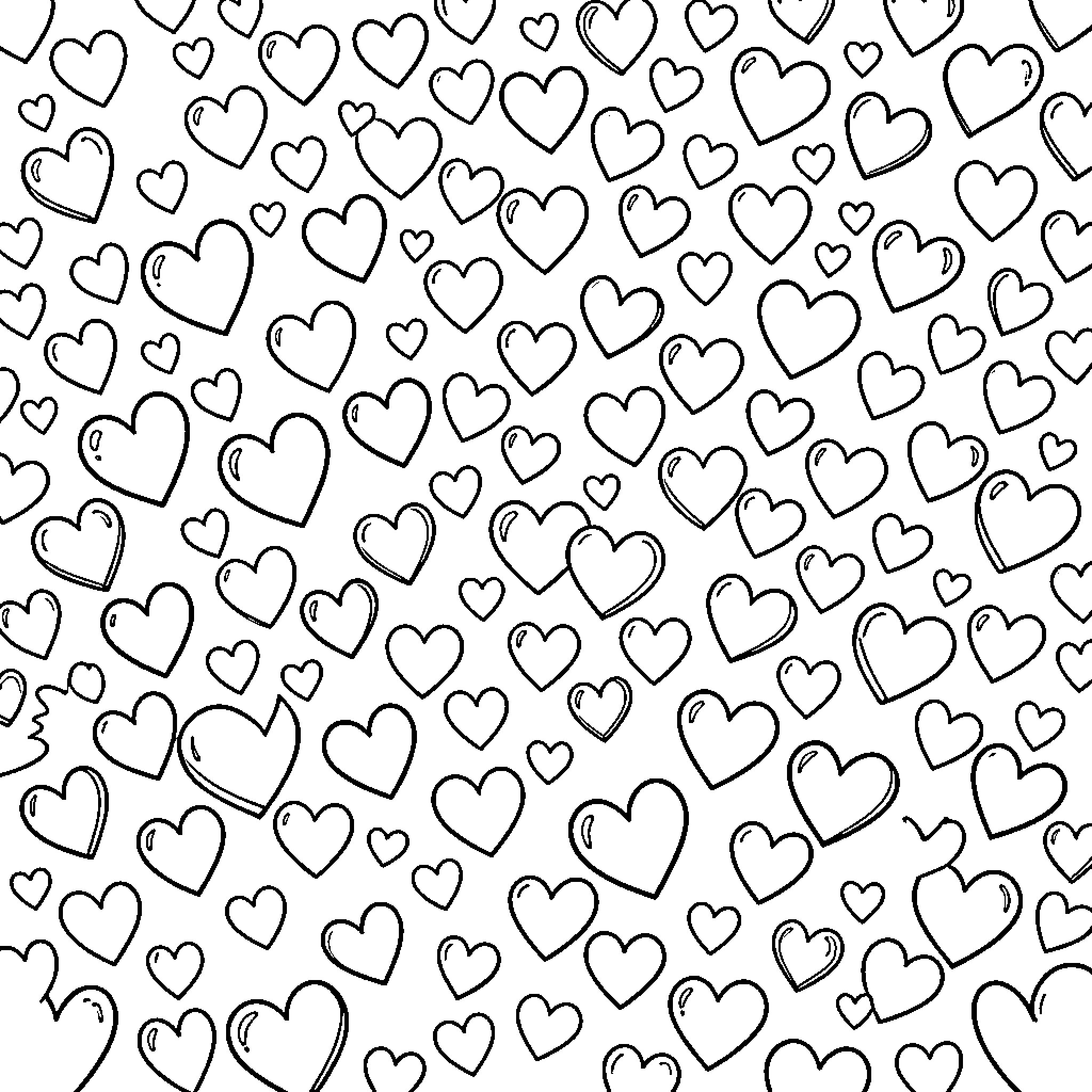 Heart shapes scattered across a seamless pattern background Coloring Page (free black-and-white line drawing printable PDF for all, from beginners to advanced learners, including children, teens, adults, and seniors)