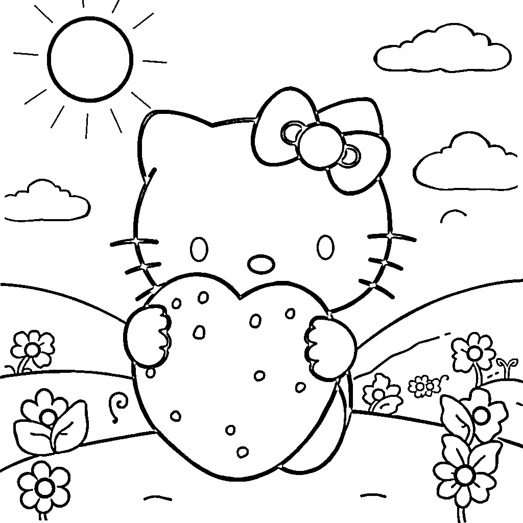 Hello Kitty playing in the sunny meadow Coloring Page (free black-and-white line drawing printable PDF for all, from beginners to advanced learners, including children, teens, adults, and seniors)
