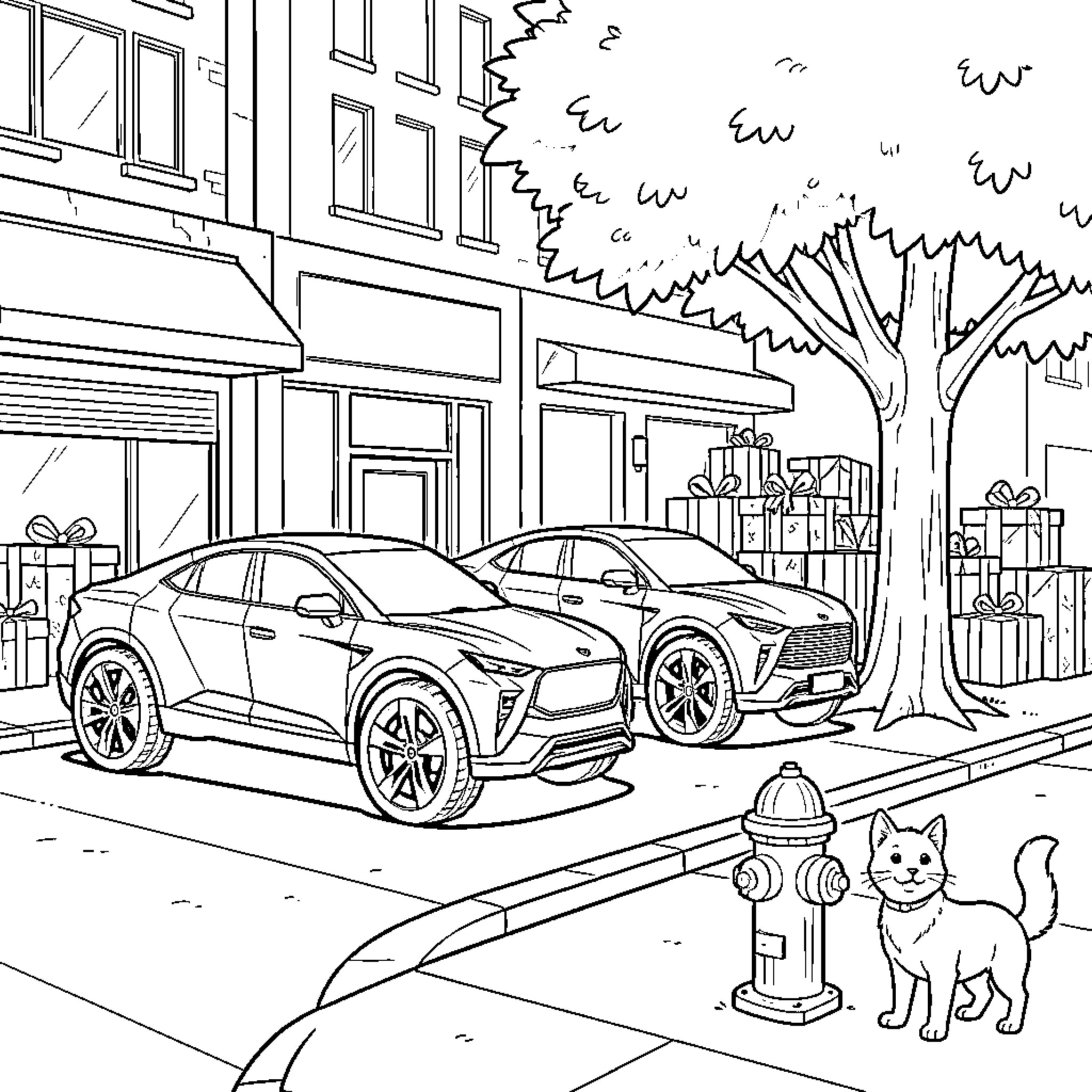 Truck parked on a city street with a cat Coloring Page (free black-and-white line drawing printable PDF for all, from beginners to advanced learners, including children, teens, adults, and seniors)