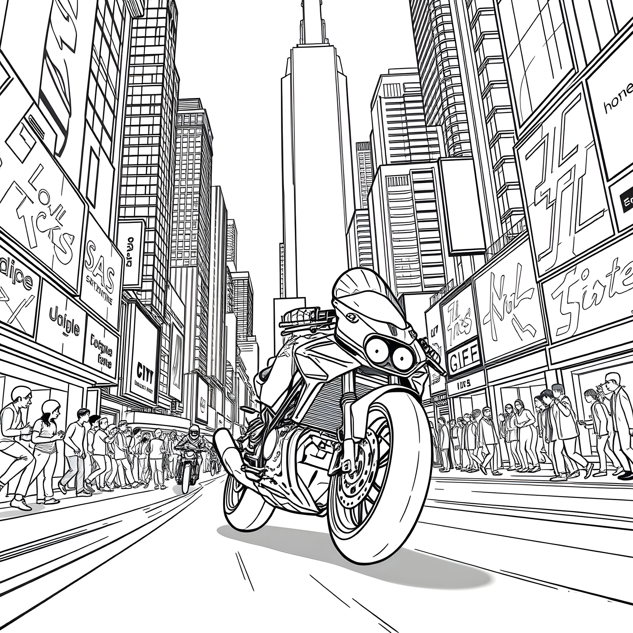 Motorcycle zooming through busy city streets Coloring Page (free black-and-white line drawing printable PDF for all, from beginners to advanced learners, including children, teens, adults, and seniors)