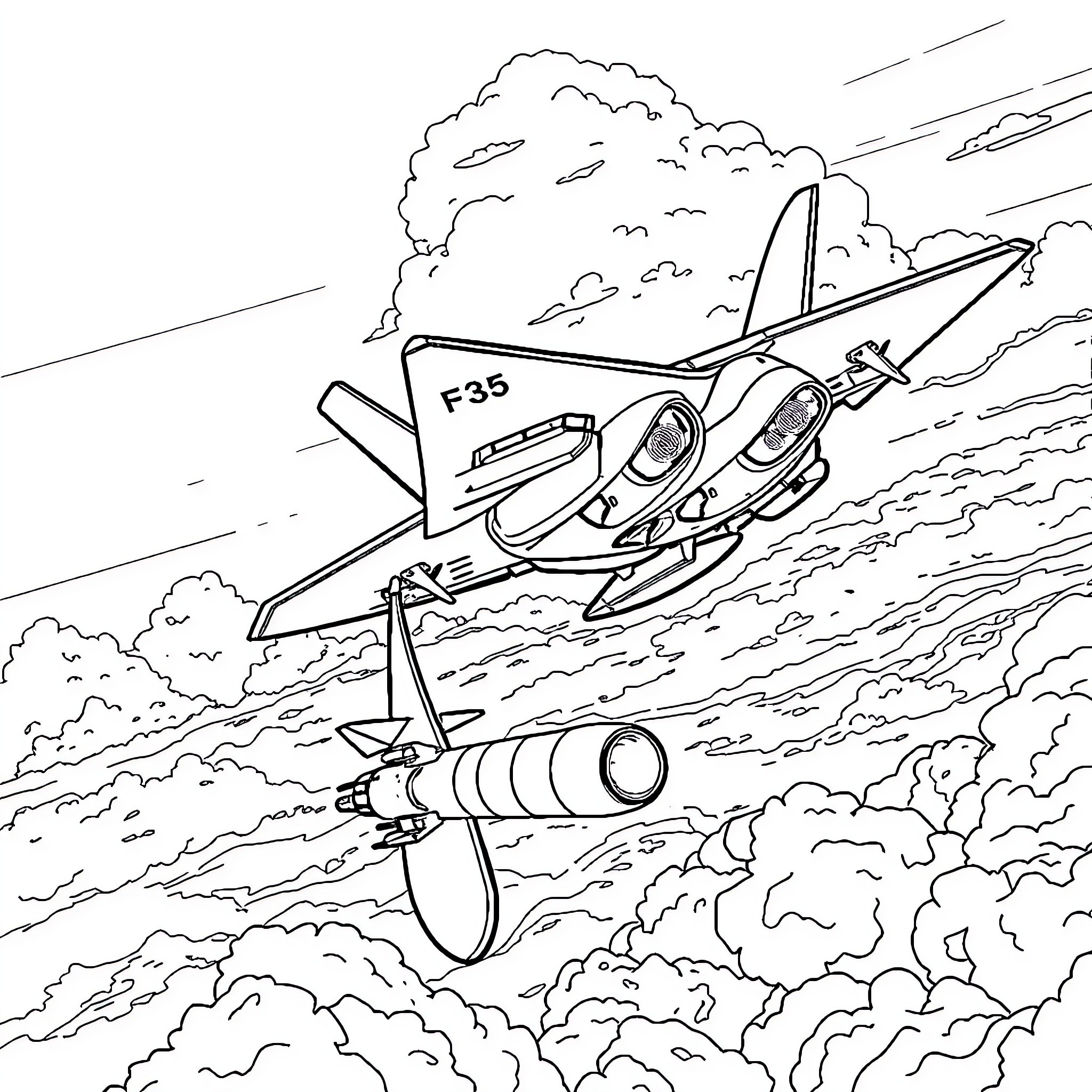 F-35 Fighter Jet Soaring Through Cloudy Skies Coloring Page (free black-and-white line drawing printable PDF for all, from beginners to advanced learners, including children, teens, adults, and seniors)