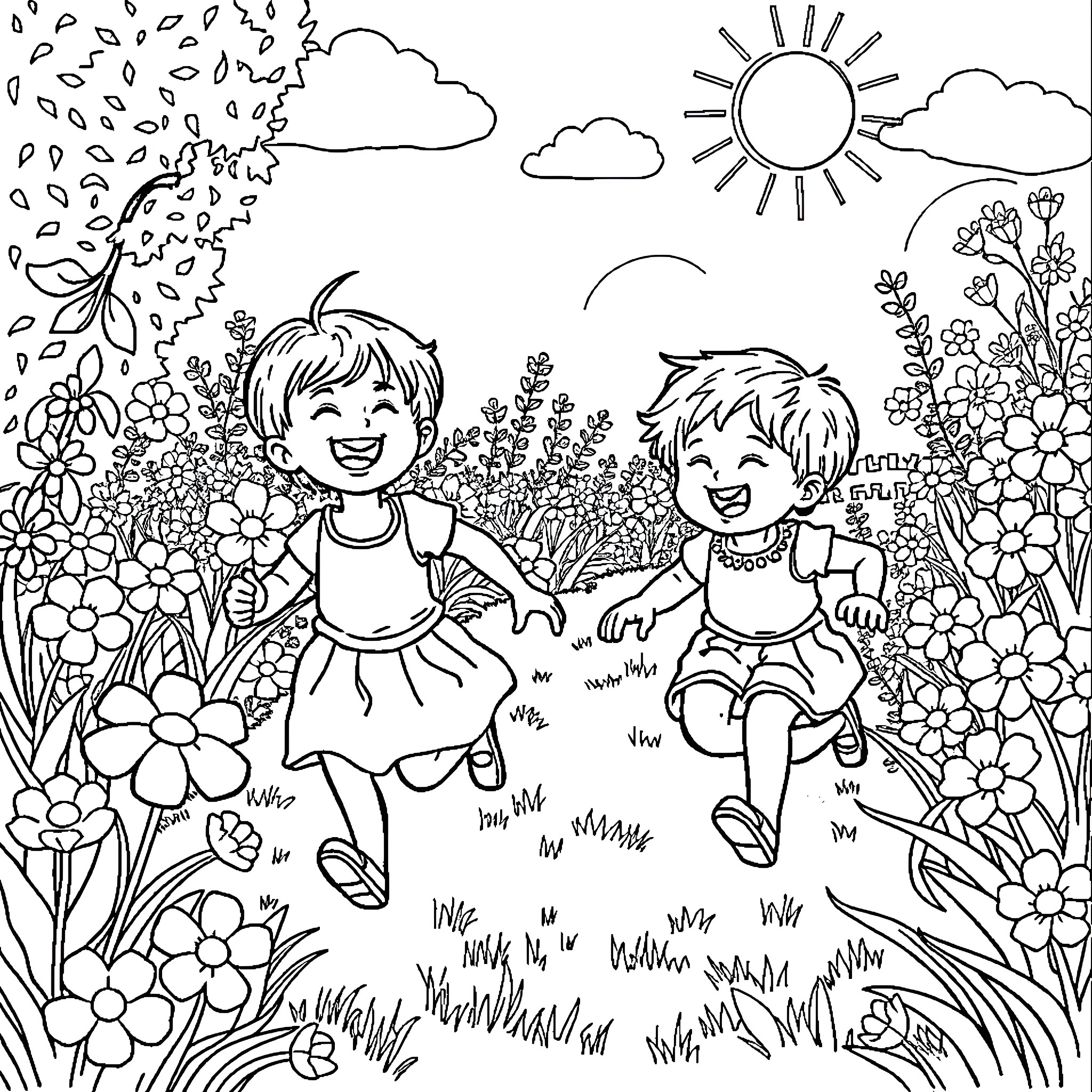 Kid playing joyfully in flowery meadow Coloring Page (free black-and-white line drawing printable PDF for all, from beginners to advanced learners, including children, teens, adults, and seniors)