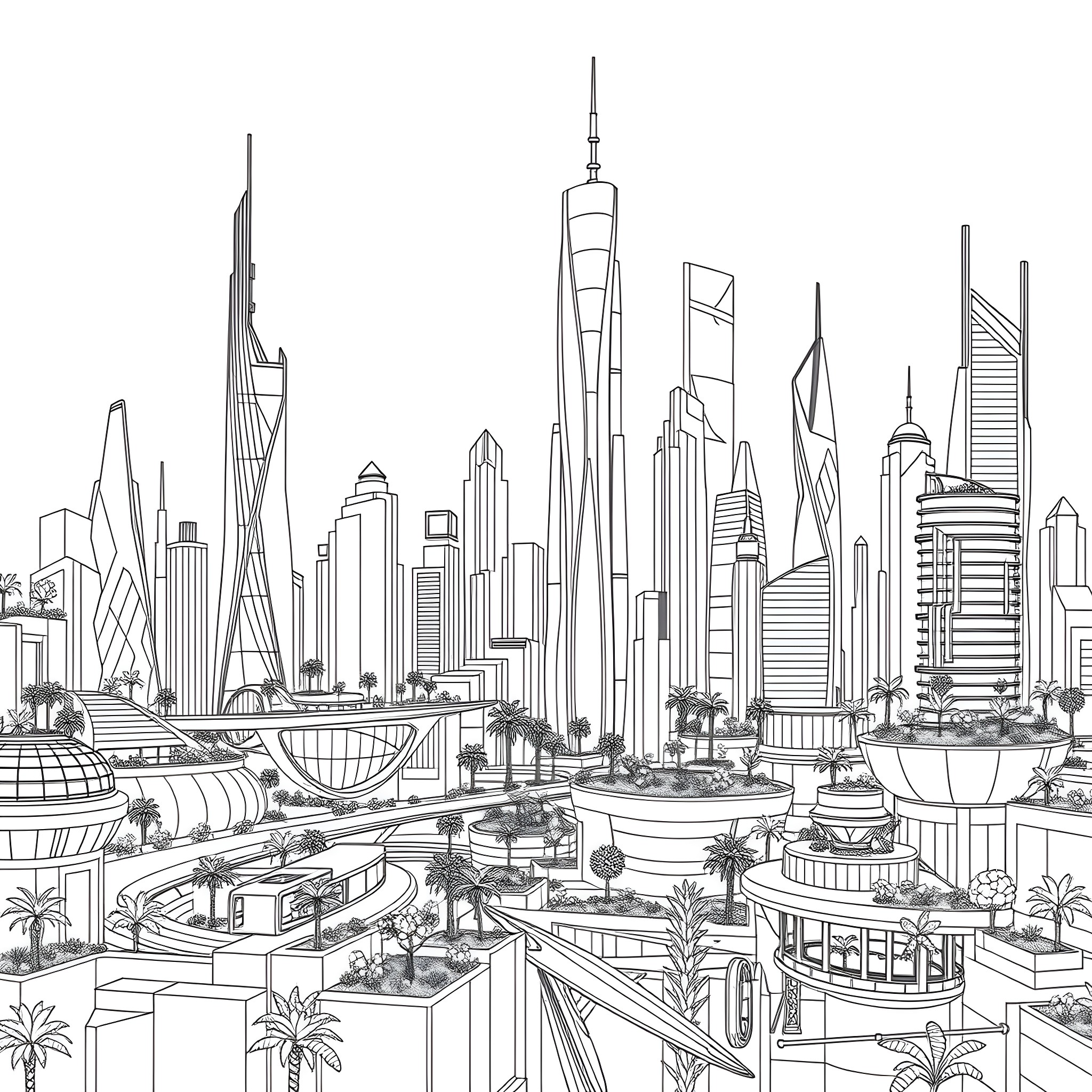 City skyline with modern architectural structures Coloring Page (free black-and-white line drawing printable PDF for all, from beginners to advanced learners, including children, teens, adults, and seniors)