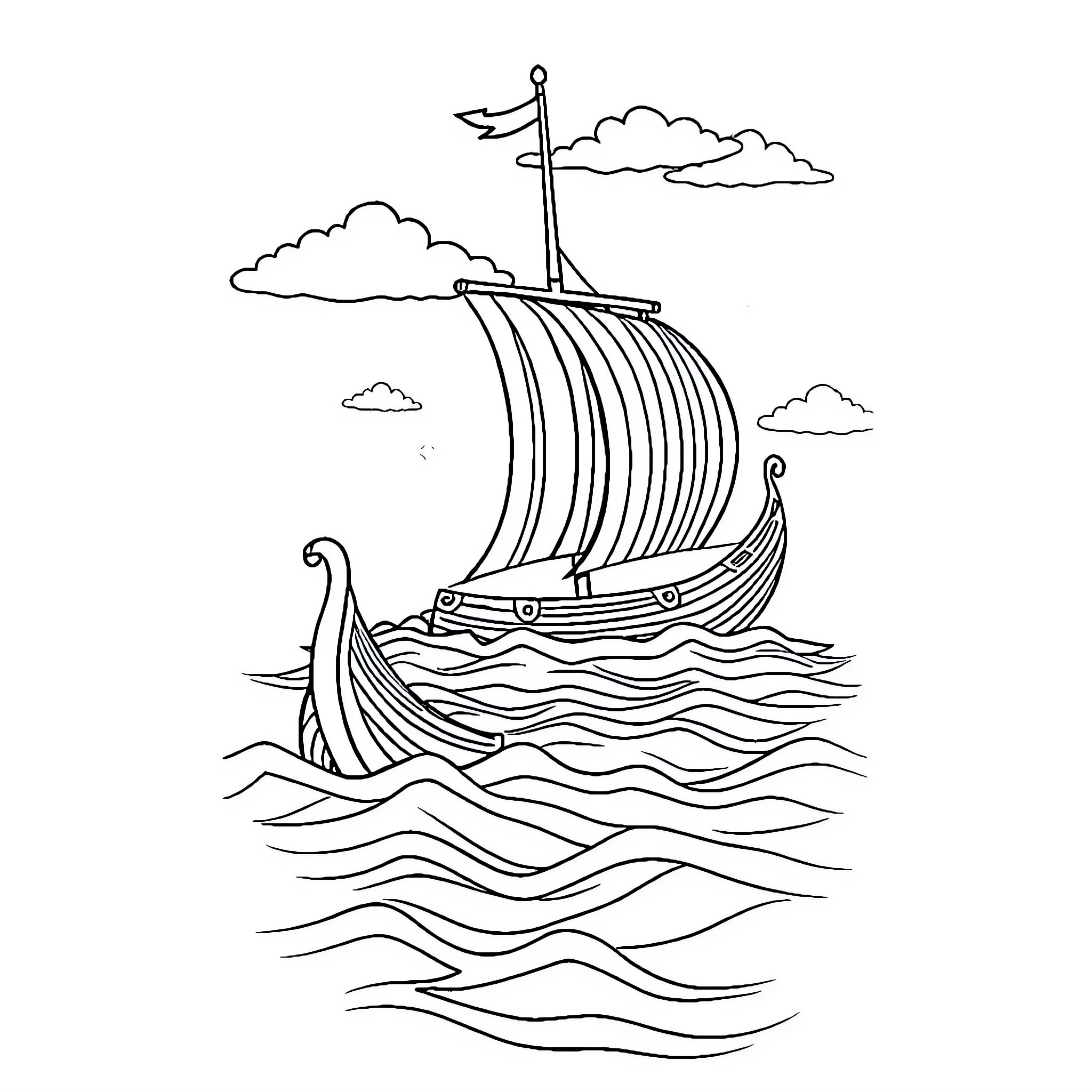 Viking ship sailing on the high seas Coloring Page (free black-and-white line drawing printable PDF for all, from beginners to advanced learners, including children, teens, adults, and seniors)