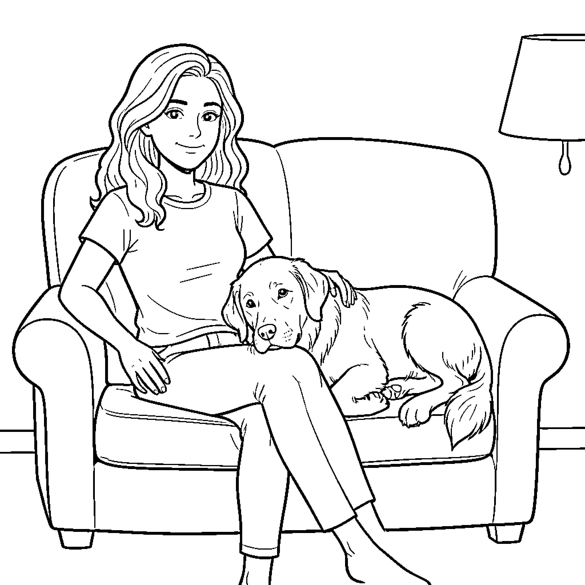 Woman relaxing on sofa with her pet dog Coloring Page (free black-and-white line drawing printable PDF for all, from beginners to advanced learners, including children, teens, adults, and seniors)