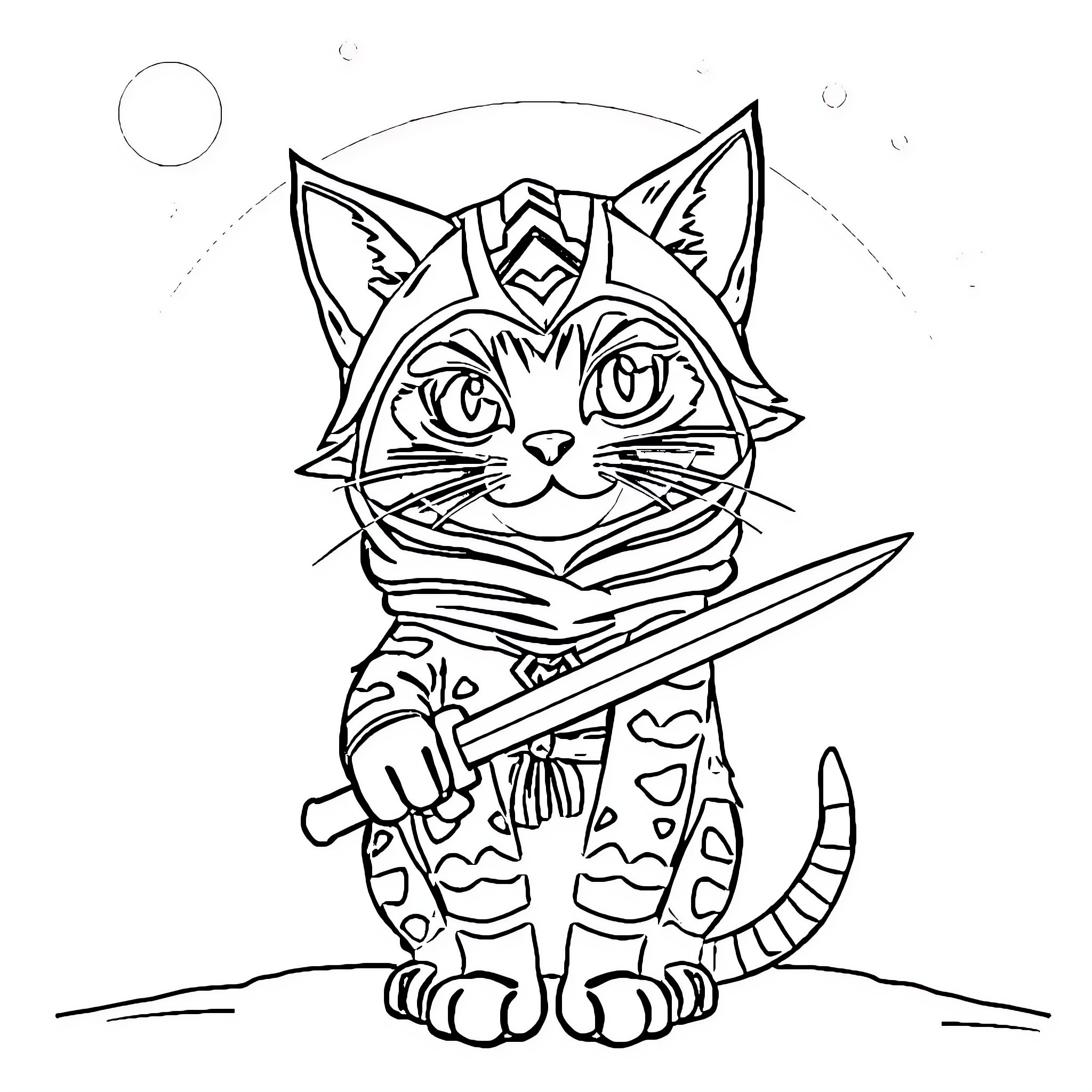 Cat warrior with sword in hand Coloring Page (free black-and-white line drawing printable PDF for all, from beginners to advanced learners, including children, teens, adults, and seniors)