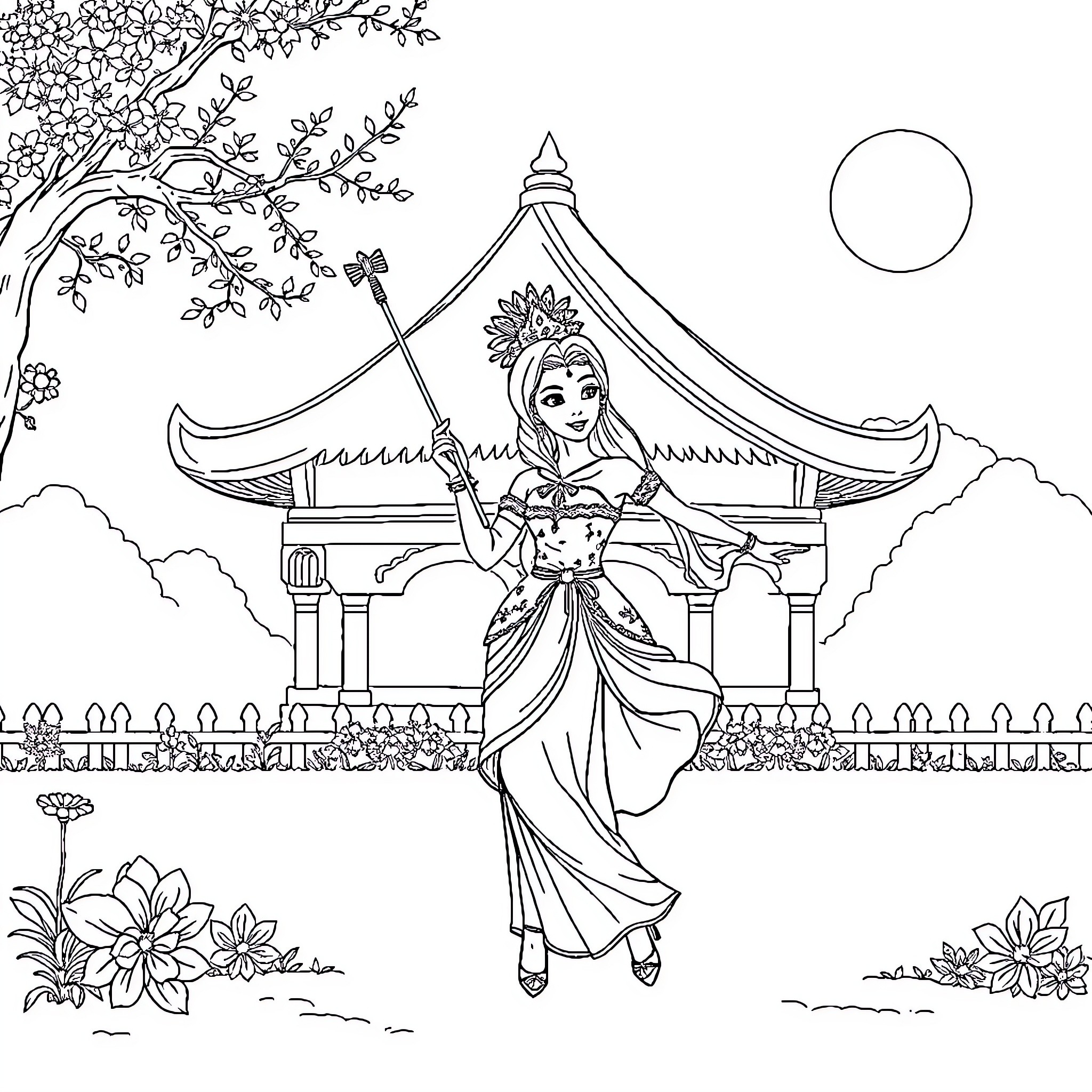 Ballerina dancing gracefully in an ornate garden Coloring Page (free black-and-white line drawing printable PDF for all, from beginners to advanced learners, including children, teens, adults, and seniors)