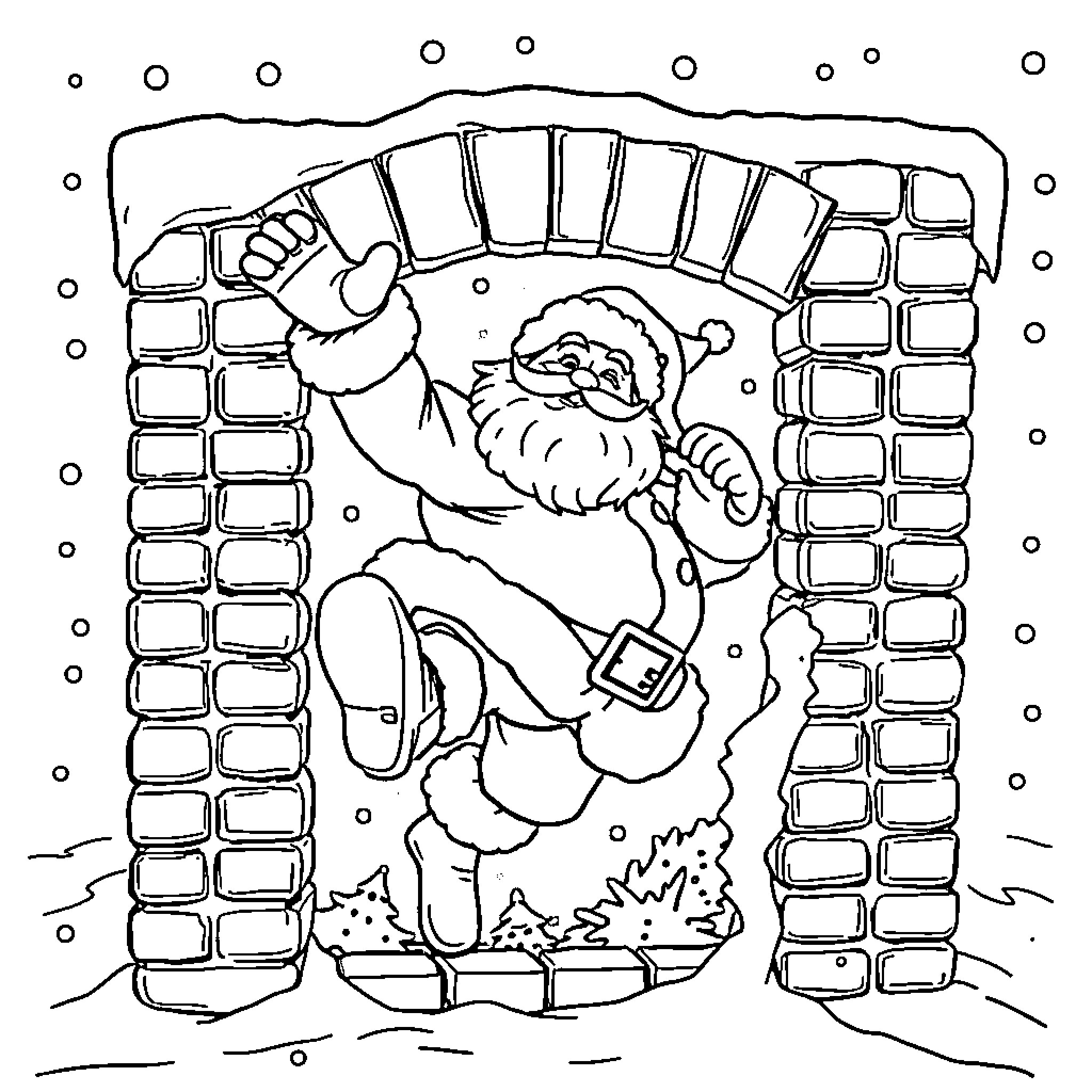 Santa Claus climbing down the chimney Coloring Page (free black-and-white line drawing printable PDF for all, from beginners to advanced learners, including children, teens, adults, and seniors)