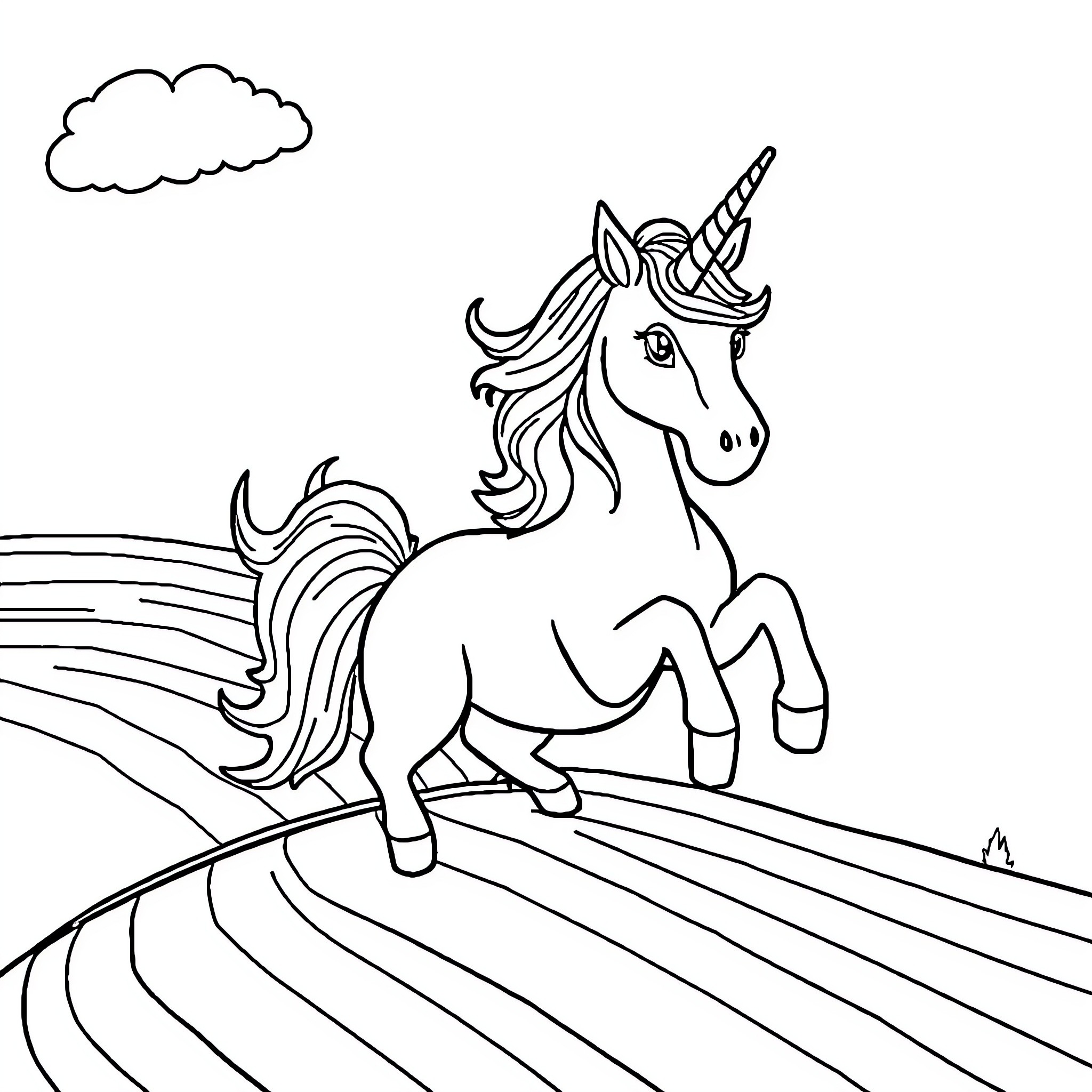 Unicorn Car Riding Whimsically Through Countryside Coloring Page (free black-and-white line drawing printable PDF for all, from beginners to advanced learners, including children, teens, adults, and seniors)